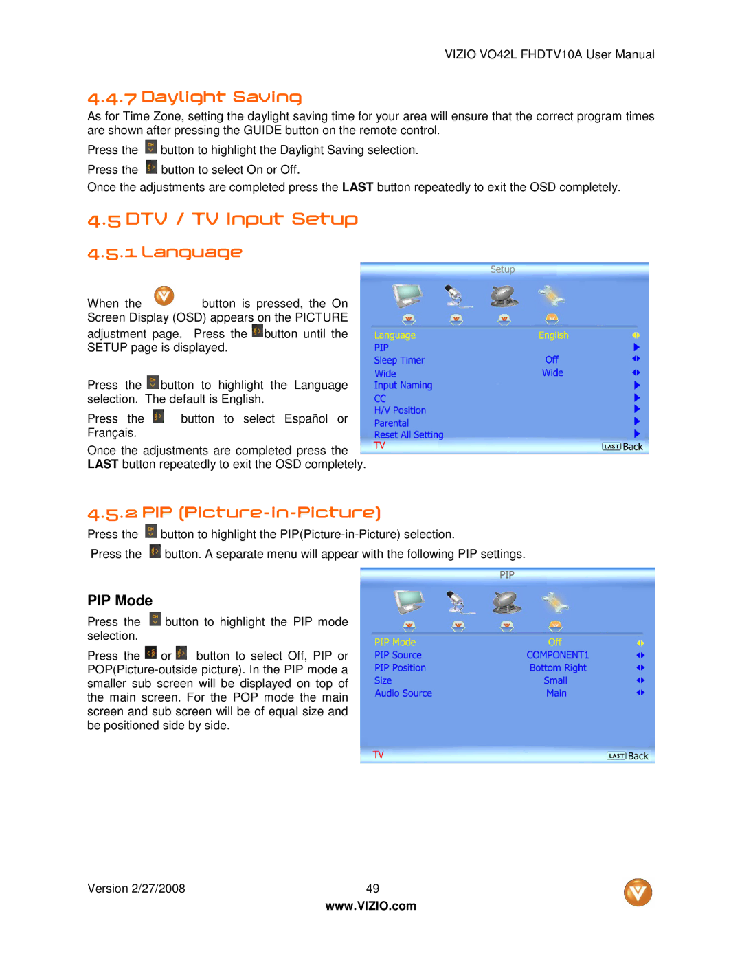 Vizio VO42LF user manual DTV / TV Input Setup, Daylight Saving, Language, PIP Picture-in-Picture 