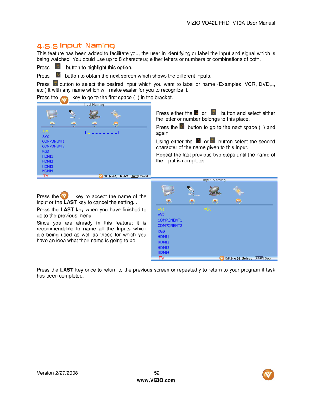 Vizio VO42LF user manual Input Naming 