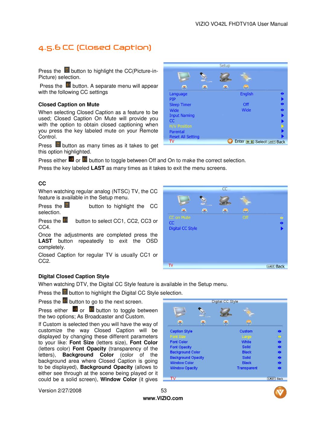 Vizio VO42LF user manual CC Closed Caption, Closed Caption on Mute, Digital Closed Caption Style 