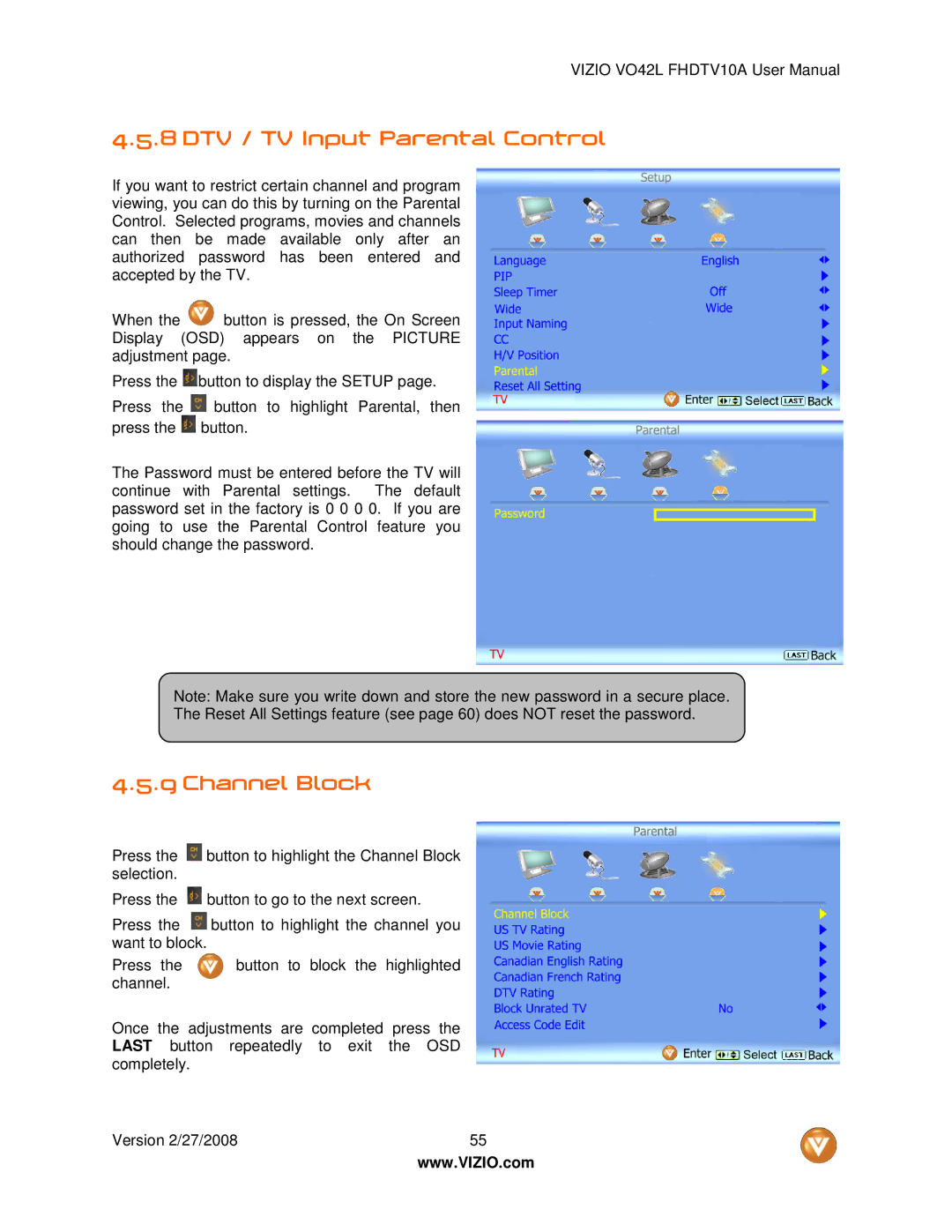 Vizio VO42LF user manual DTV / TV Input Parental Control, Channel Block 
