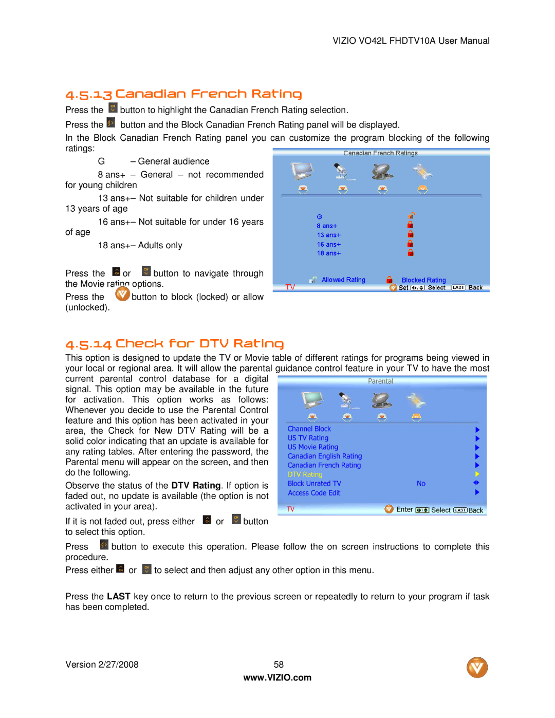 Vizio VO42LF user manual Canadian French Rating, Check for DTV Rating 