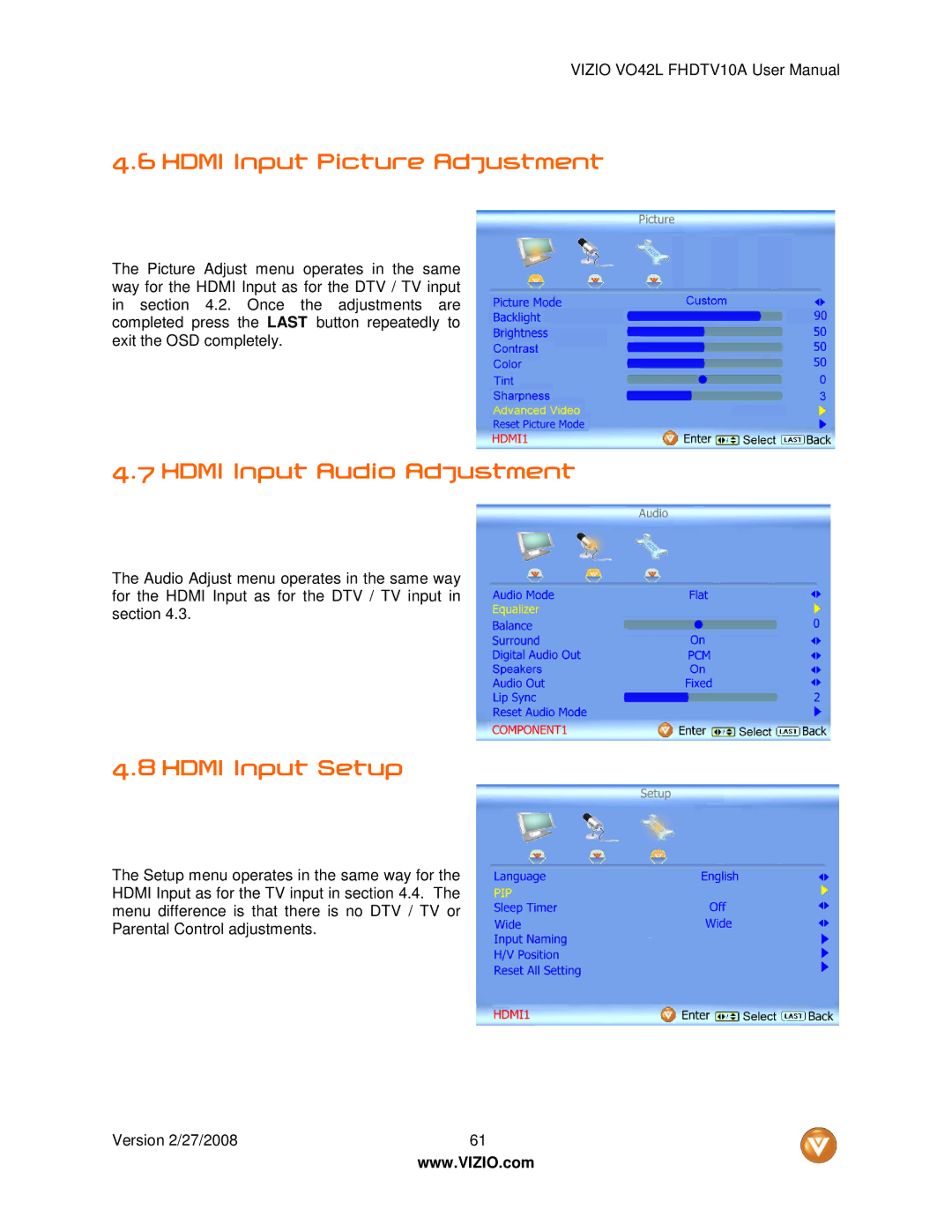 Vizio VO42LF user manual Hdmi Input Picture Adjustment, Hdmi Input Audio Adjustment, Hdmi Input Setup 