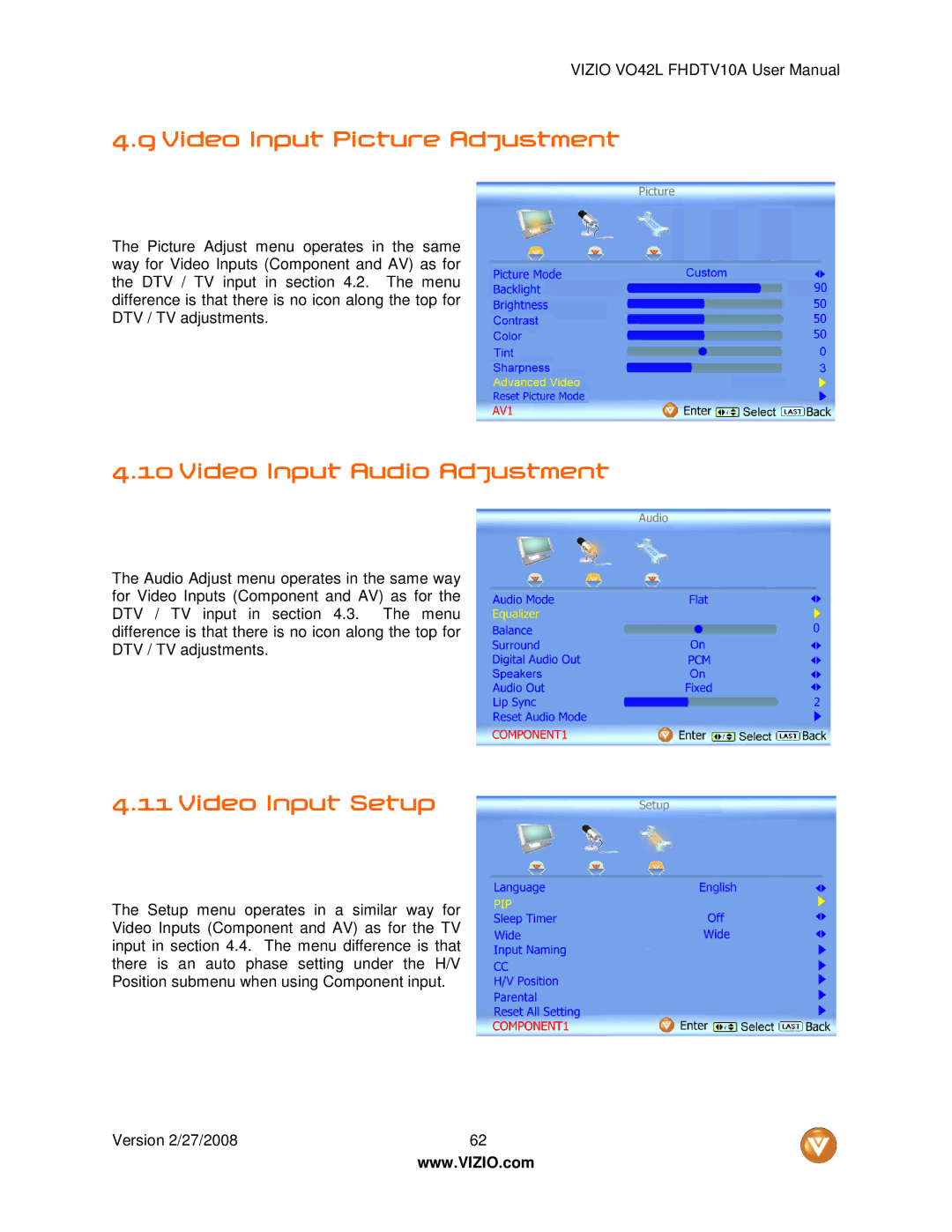 Vizio VO42LF user manual Video Input Picture Adjustment, Video Input Audio Adjustment, Video Input Setup 