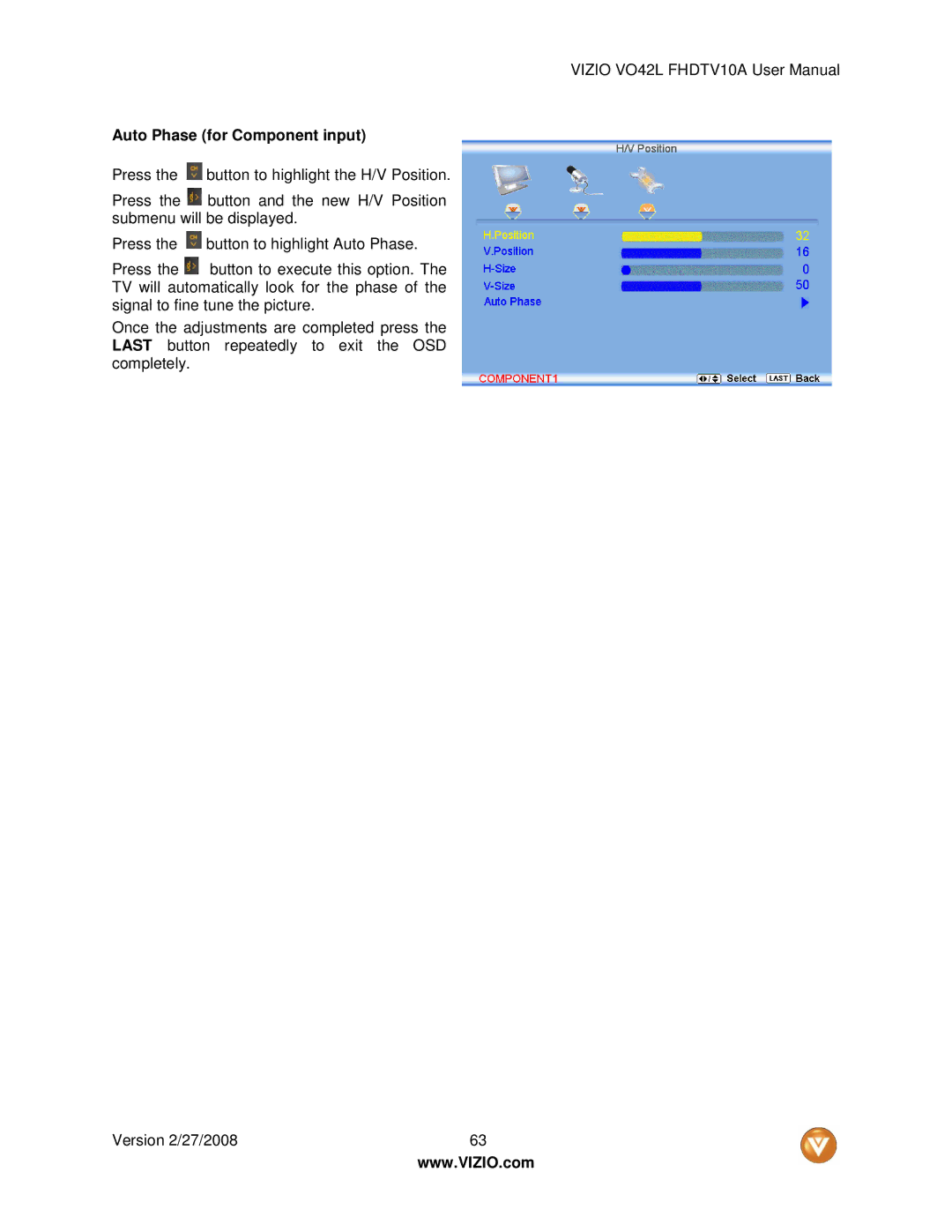 Vizio VO42LF user manual Auto Phase for Component input 