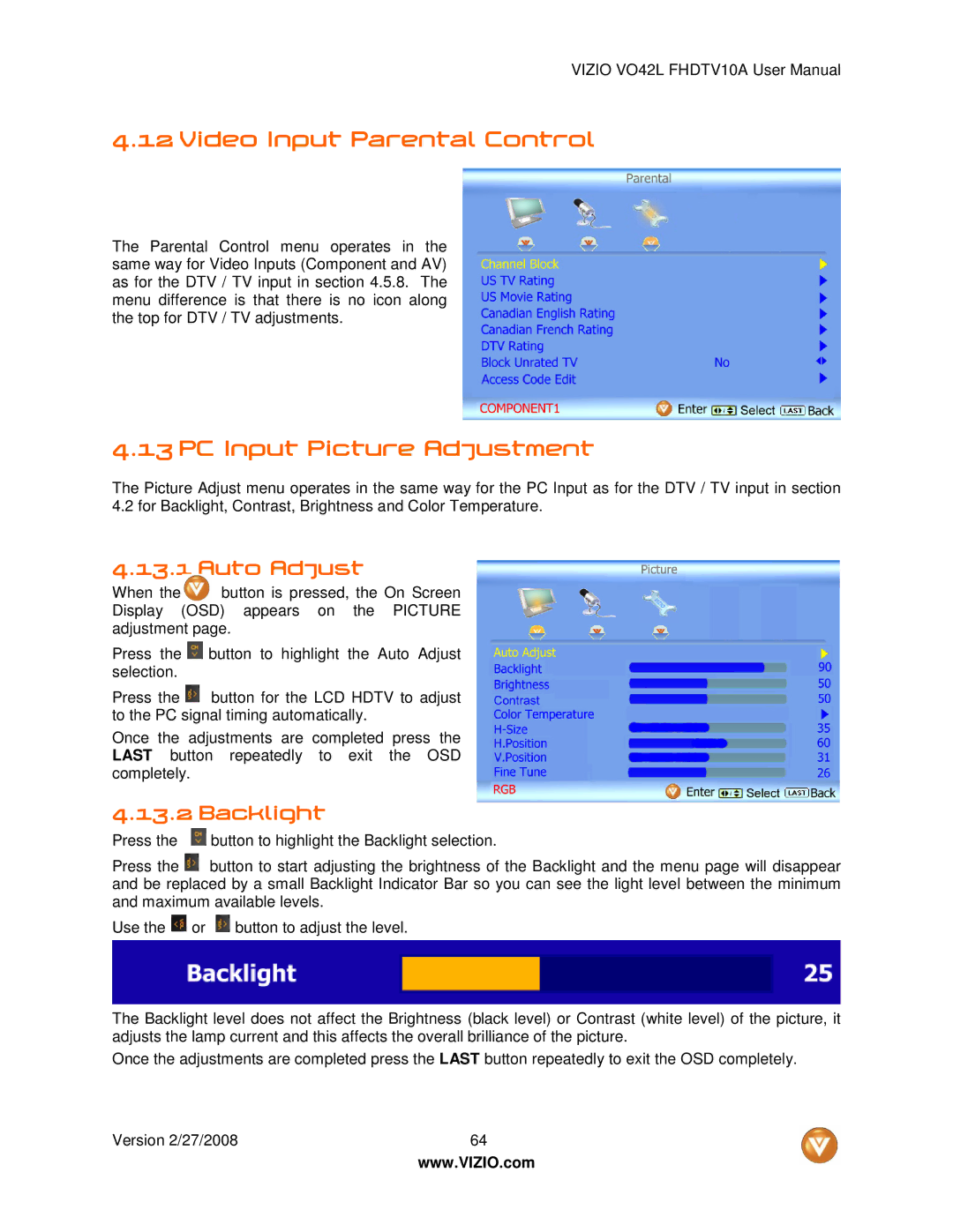 Vizio VO42LF user manual Video Input Parental Control, PC Input Picture Adjustment, Auto Adjust 