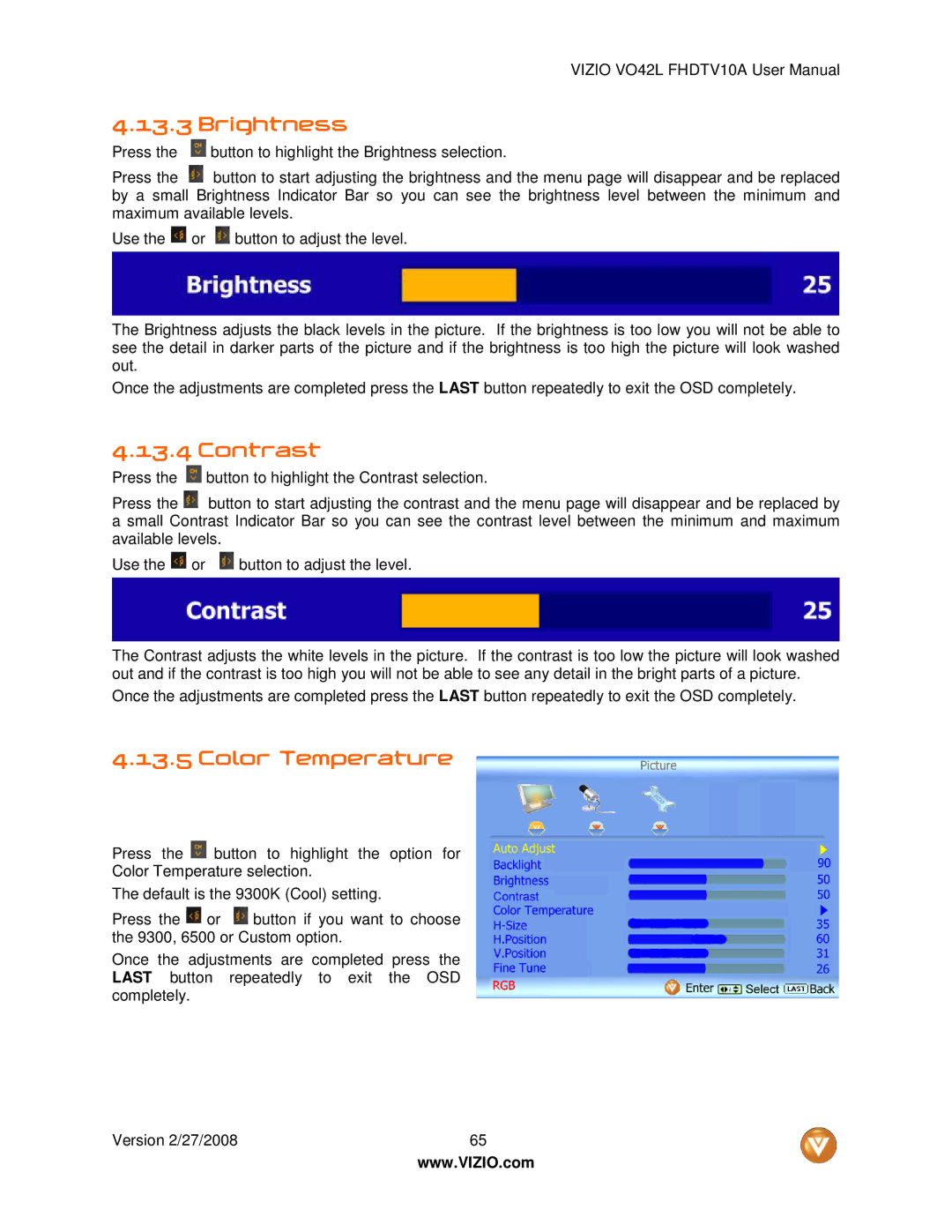 Vizio VO42LF user manual Brightness, Color Temperature 