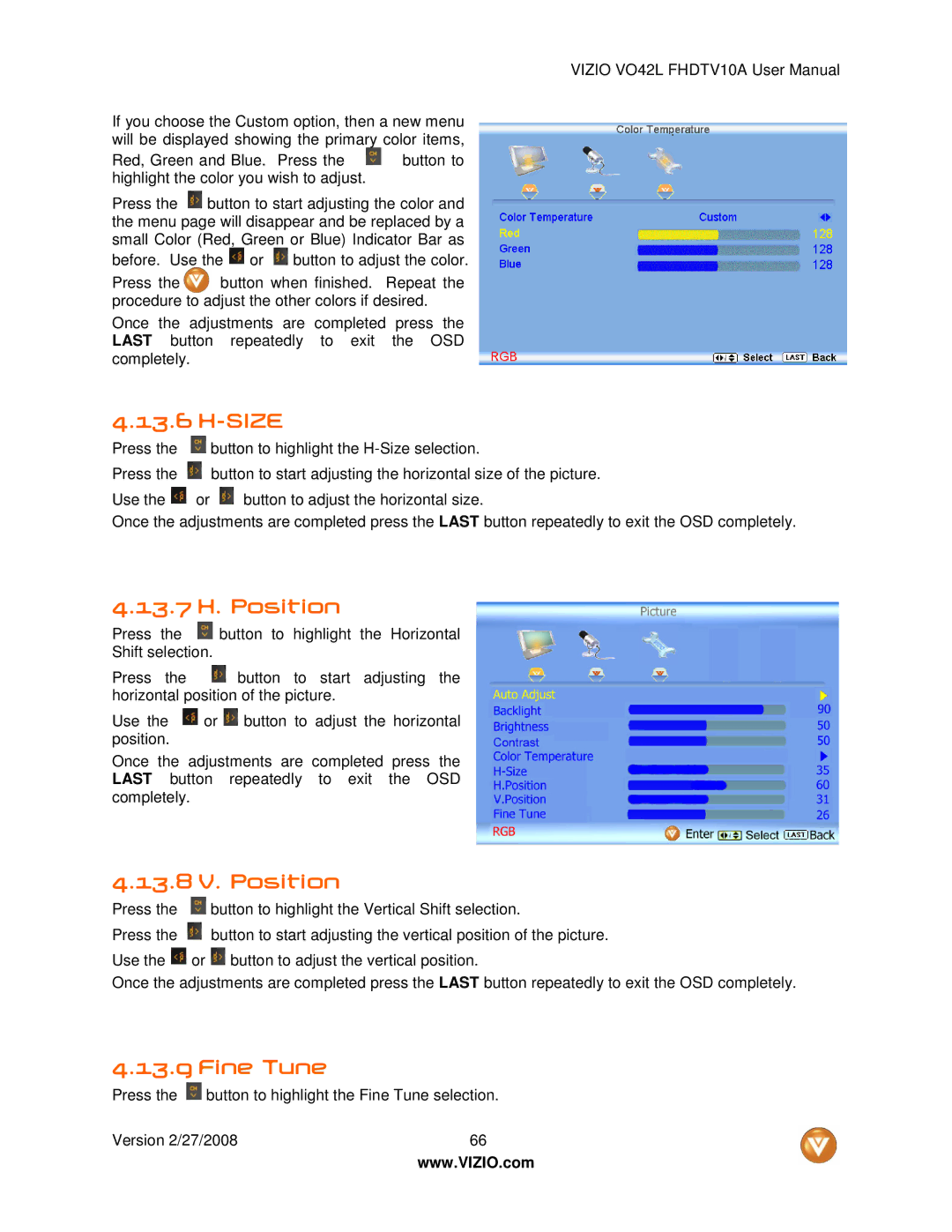 Vizio VO42LF user manual Size, 13.7 H. Position, 13.8 V. Position, Fine Tune 