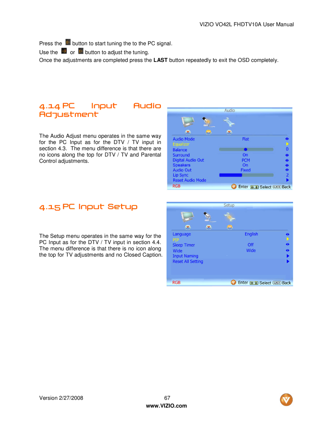 Vizio VO42LF user manual PC Input Audio Adjustment, PC Input Setup 