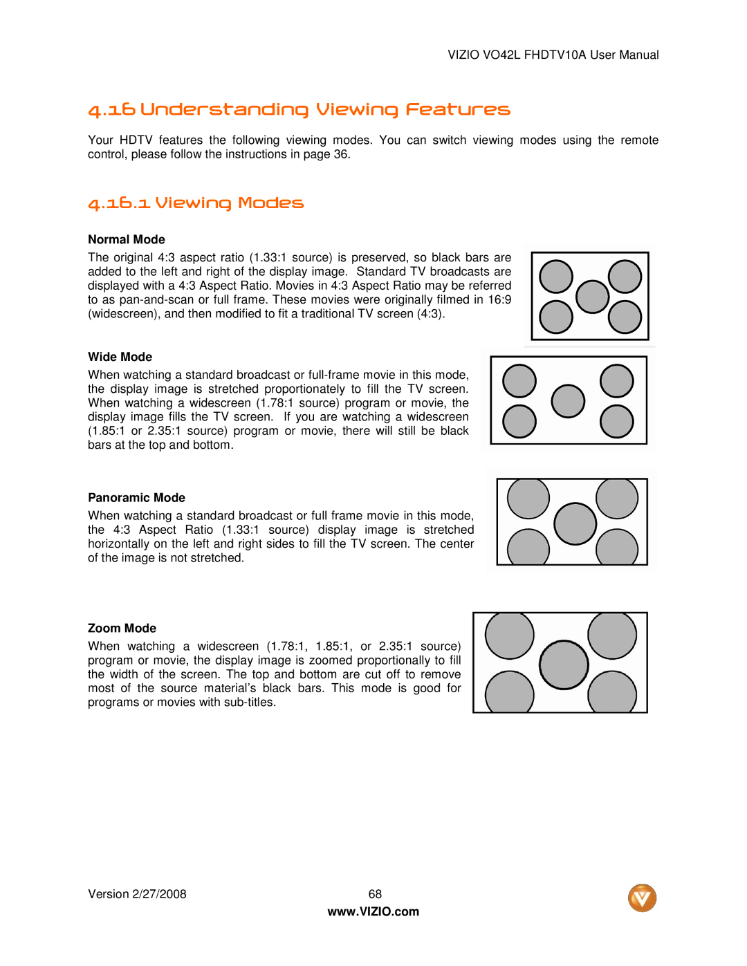 Vizio VO42LF user manual Understanding Viewing Features, Viewing Modes 