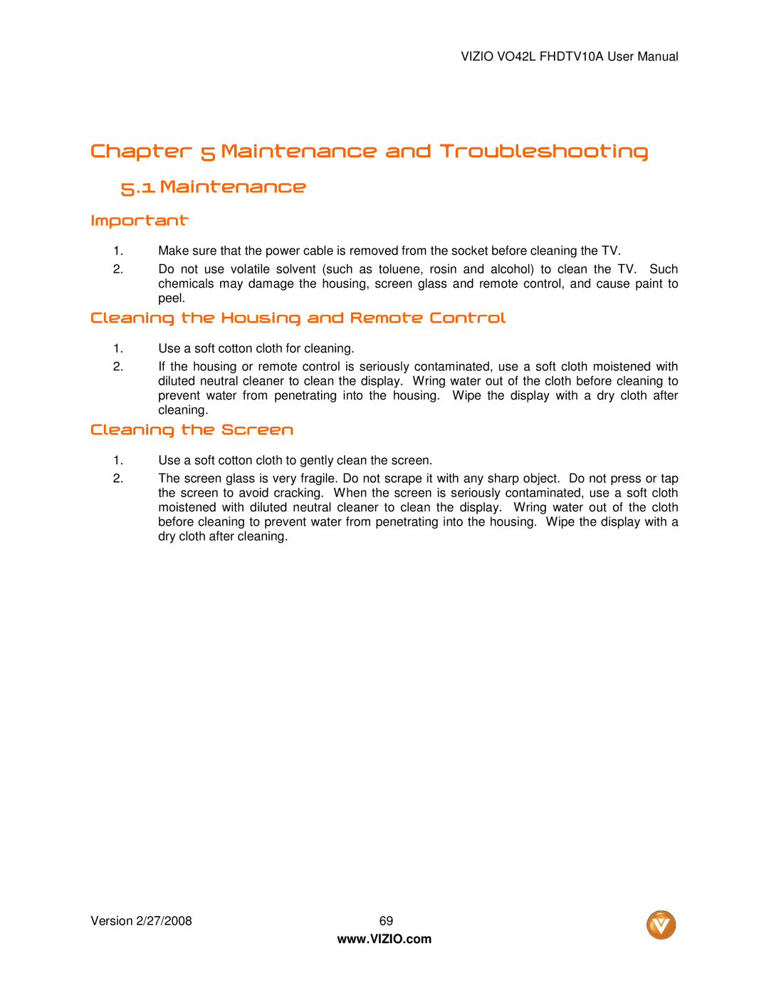 Vizio VO42LF user manual Maintenance, Cleaning the Housing and Remote Control, Cleaning the Screen 