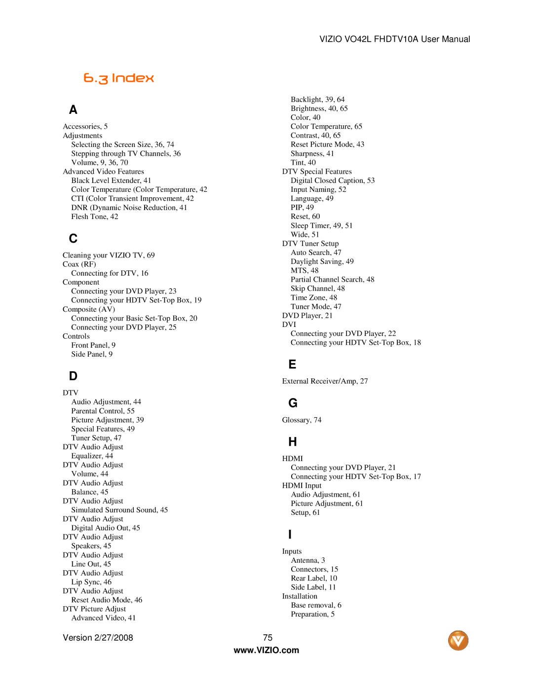 Vizio VO42LF user manual Index, Dtv 