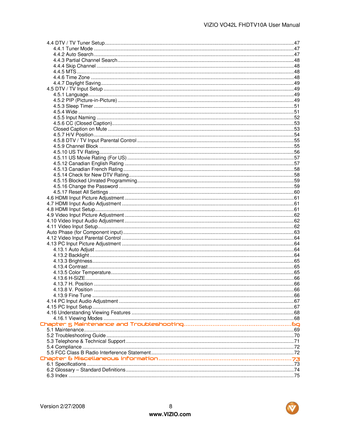 Vizio VO42LF user manual Miscellaneous Information 