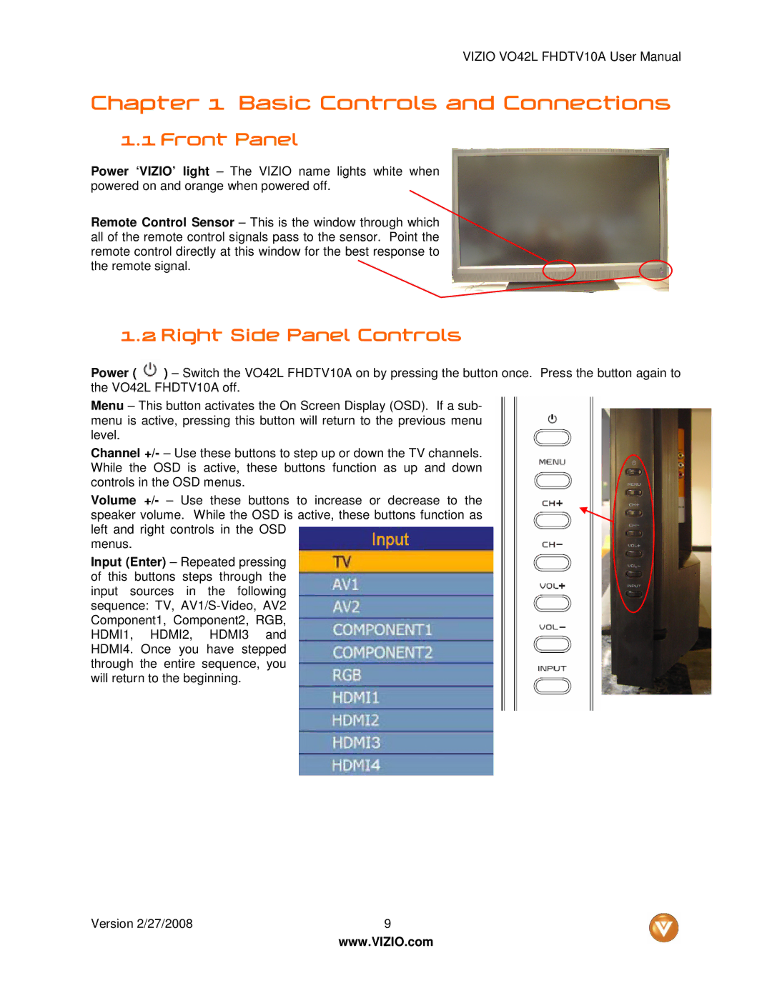 Vizio VO42LF user manual Front Panel, Right Side Panel Controls 