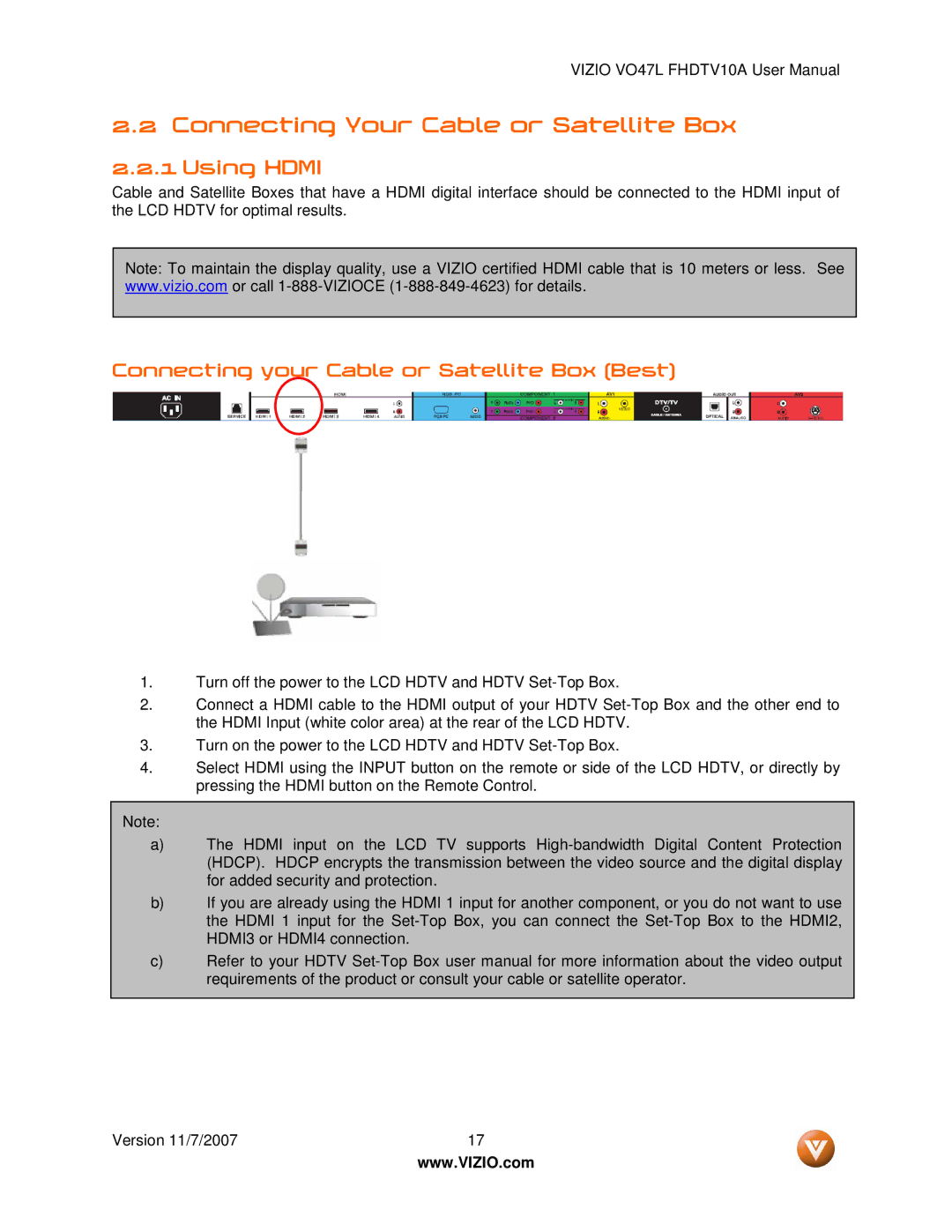 Vizio VO47L FHDTV10A manual Connecting Your Cable or Satellite Box, Using Hdmi, Connecting your Cable or Satellite Box Best 