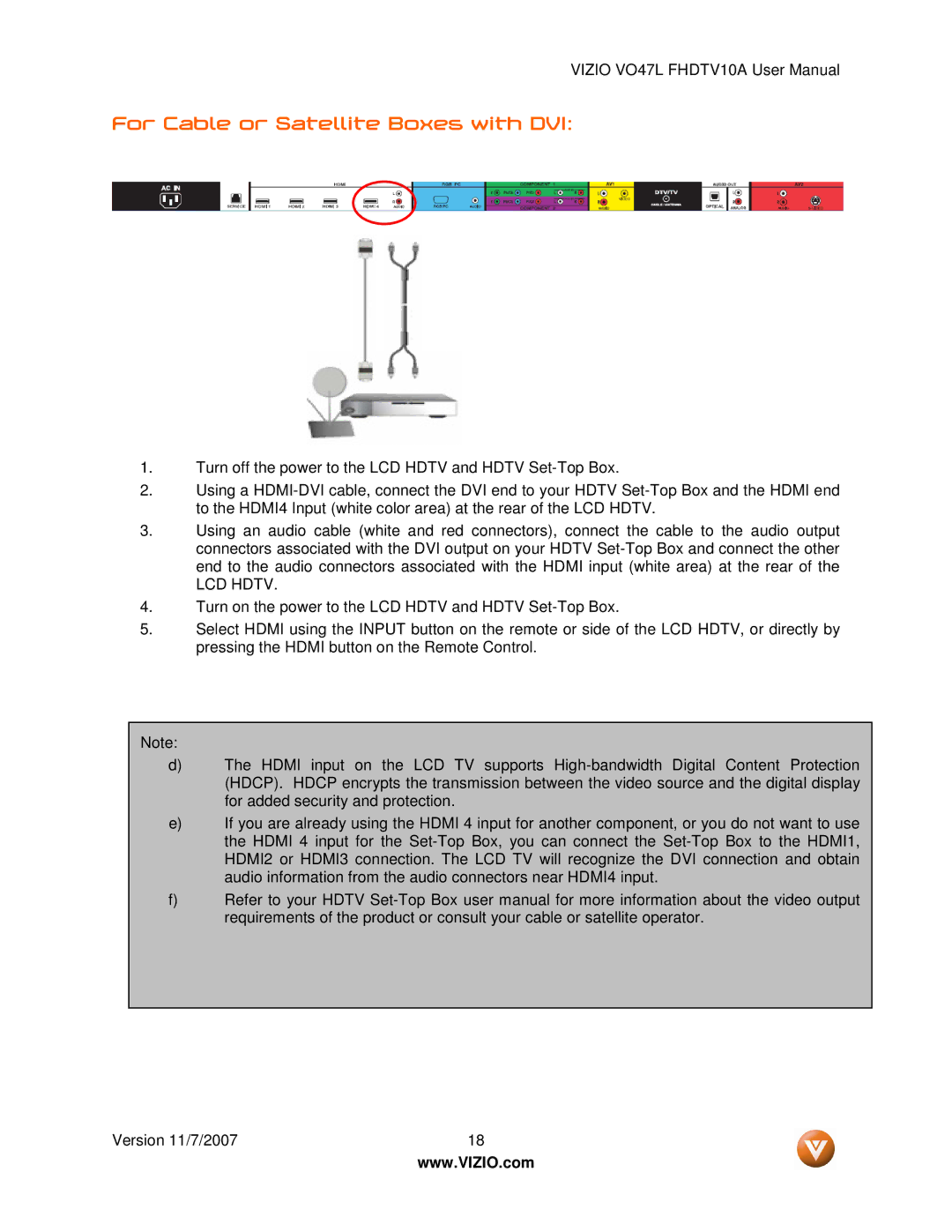 Vizio VO47L FHDTV10A manual For Cable or Satellite Boxes with DVI, LCD Hdtv 