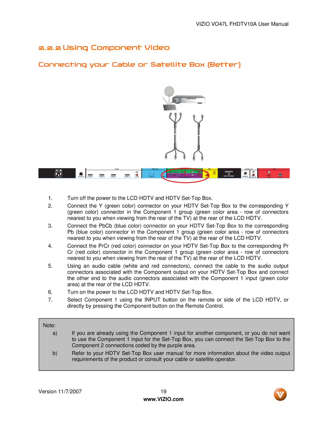 Vizio VO47L FHDTV10A manual Using Component Video, Connecting your Cable or Satellite Box Better 