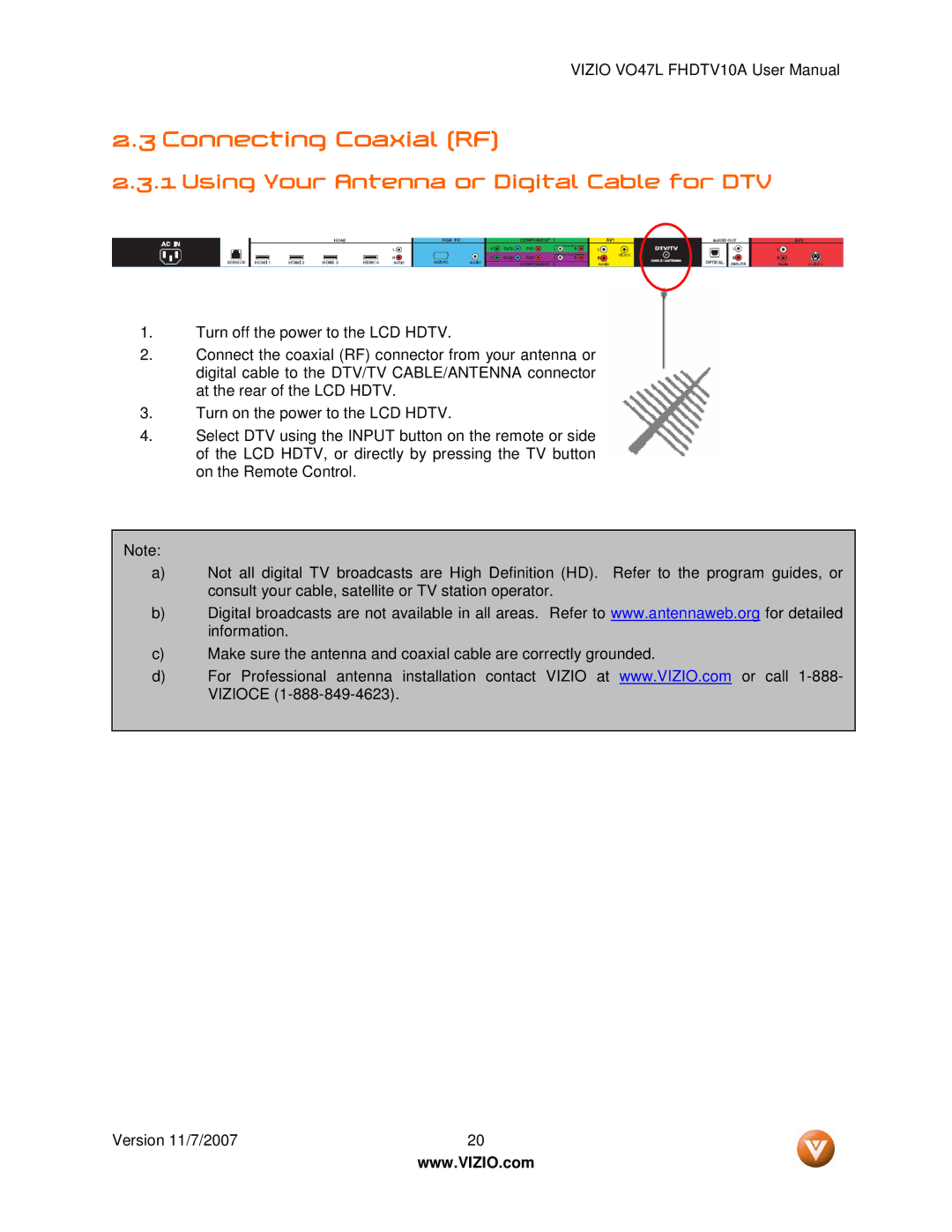 Vizio VO47L FHDTV10A manual Connecting Coaxial RF, Using Your Antenna or Digital Cable for DTV 