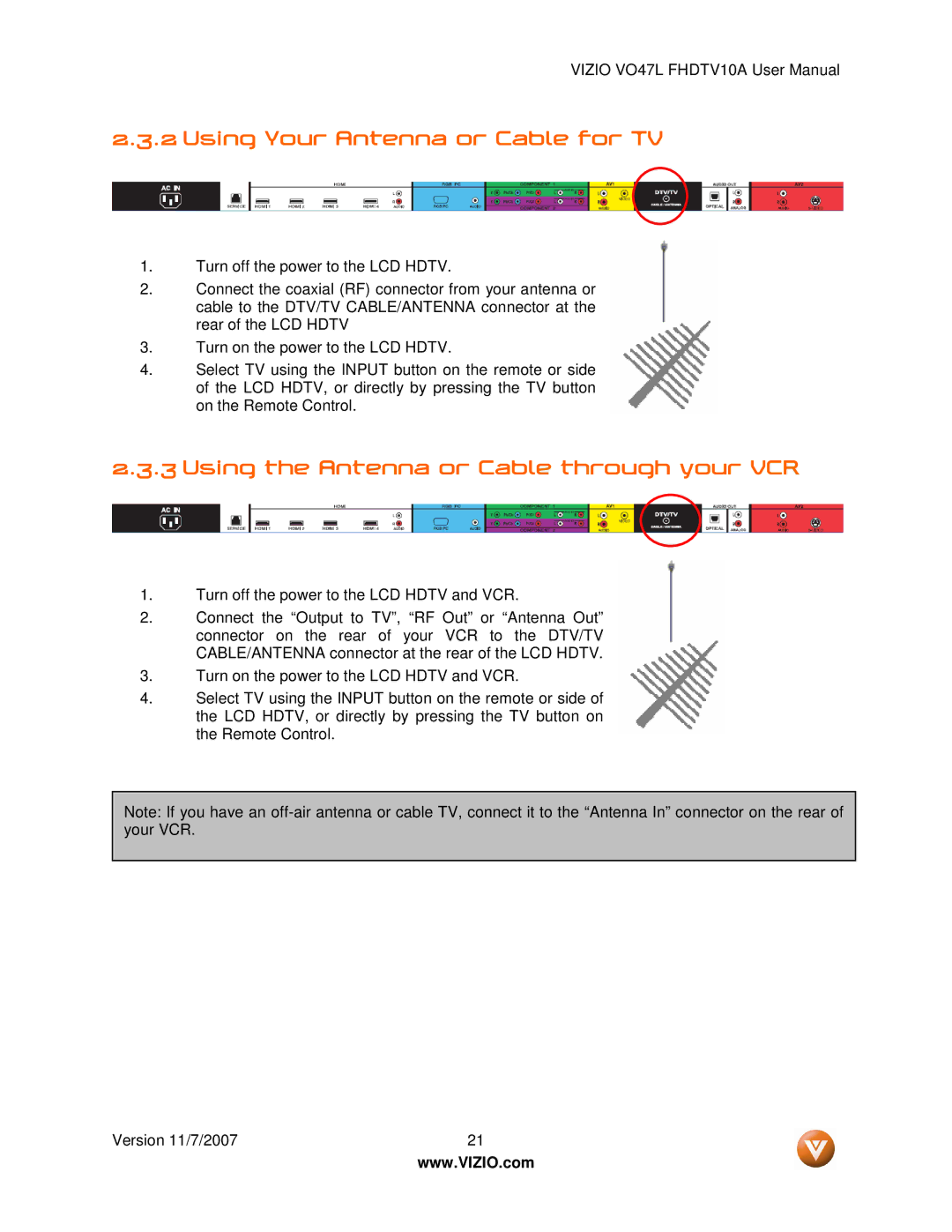 Vizio VO47L FHDTV10A manual Using Your Antenna or Cable for TV, Using the Antenna or Cable through your VCR 