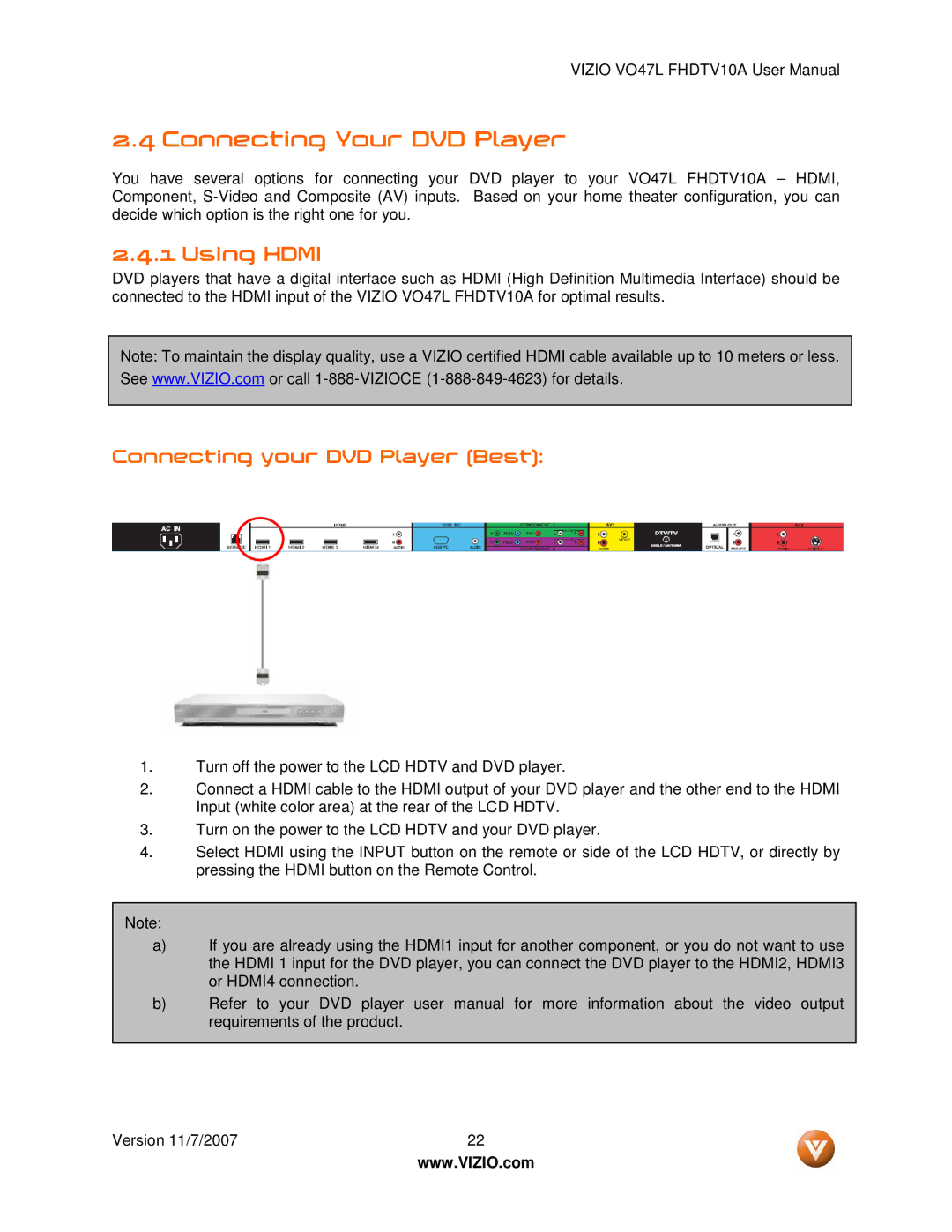 Vizio VO47L FHDTV10A manual Connecting Your DVD Player, Connecting your DVD Player Best 