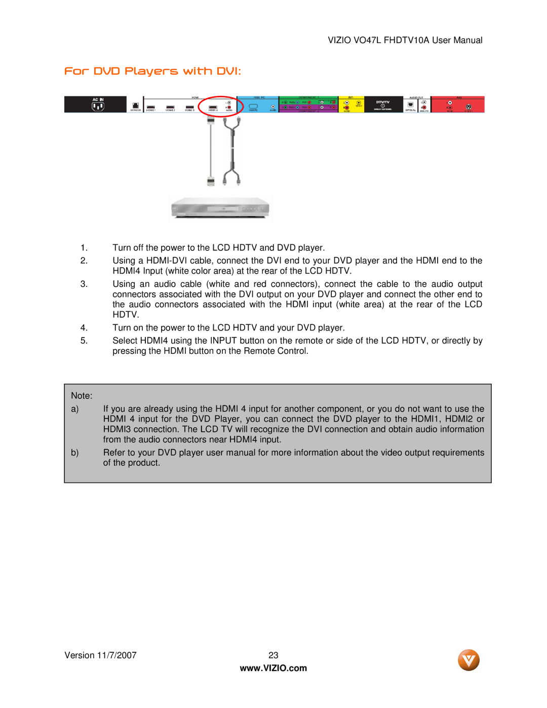 Vizio VO47L FHDTV10A manual For DVD Players with DVI 