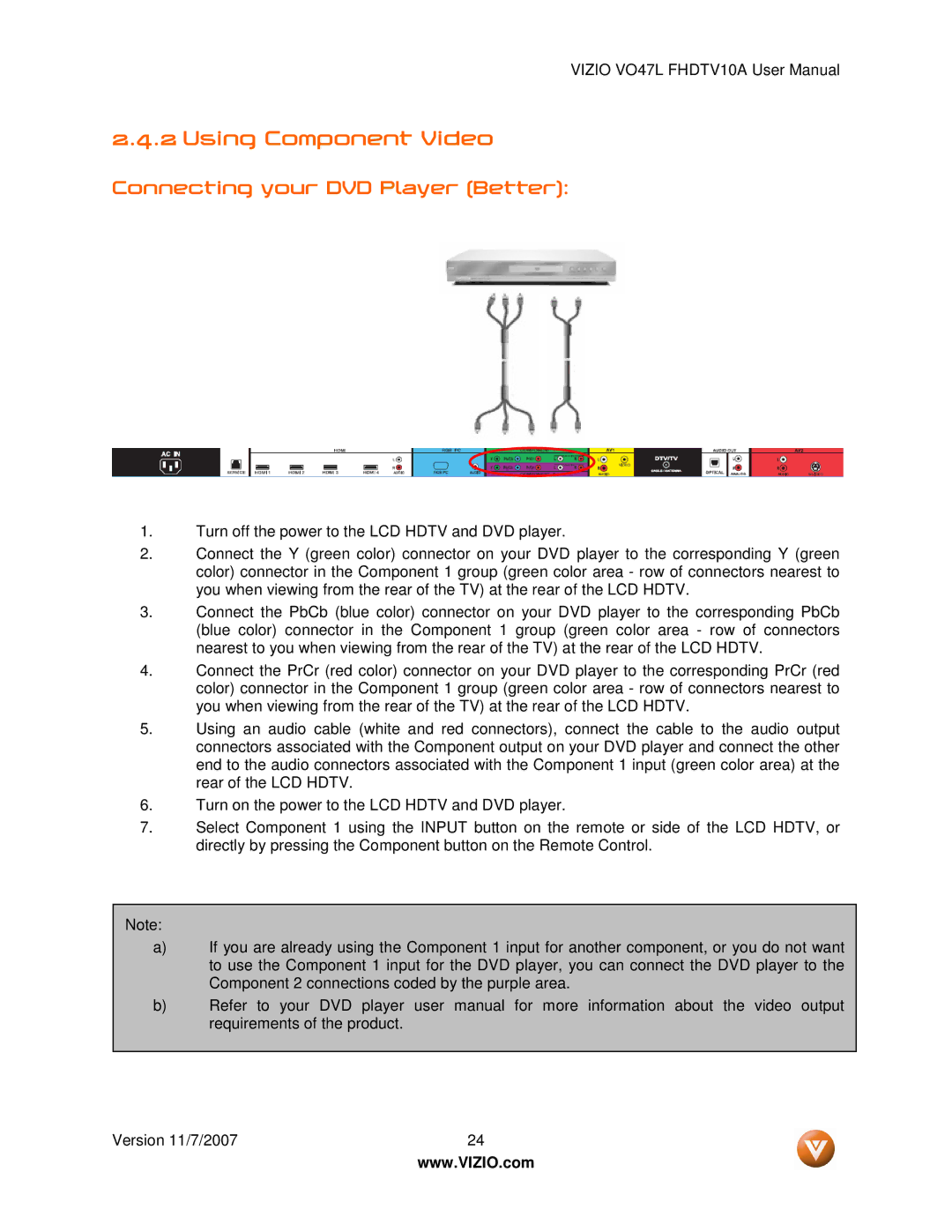 Vizio VO47L FHDTV10A manual Using Component Video, Connecting your DVD Player Better 