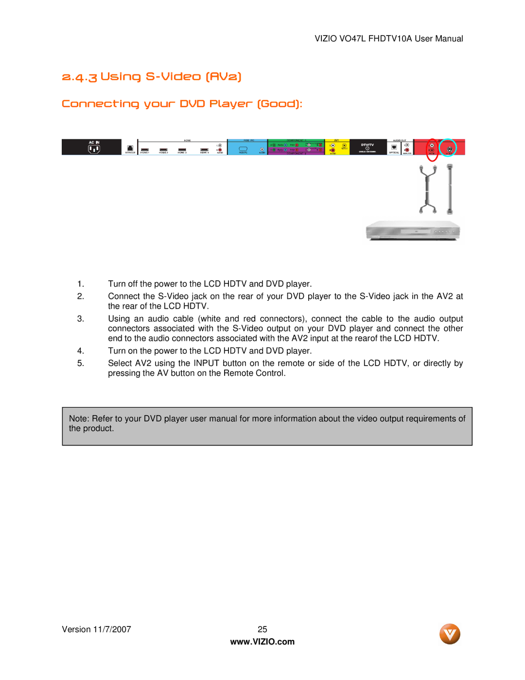 Vizio VO47L FHDTV10A manual Using S-Video AV2, Connecting your DVD Player Good 