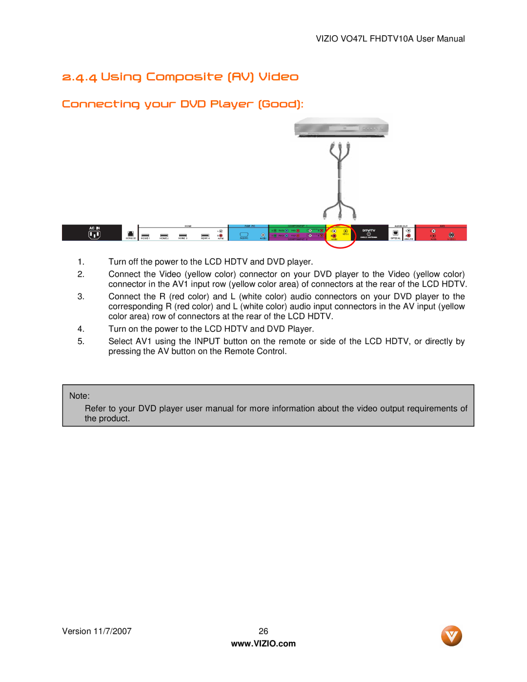 Vizio VO47L FHDTV10A manual Using Composite AV Video 