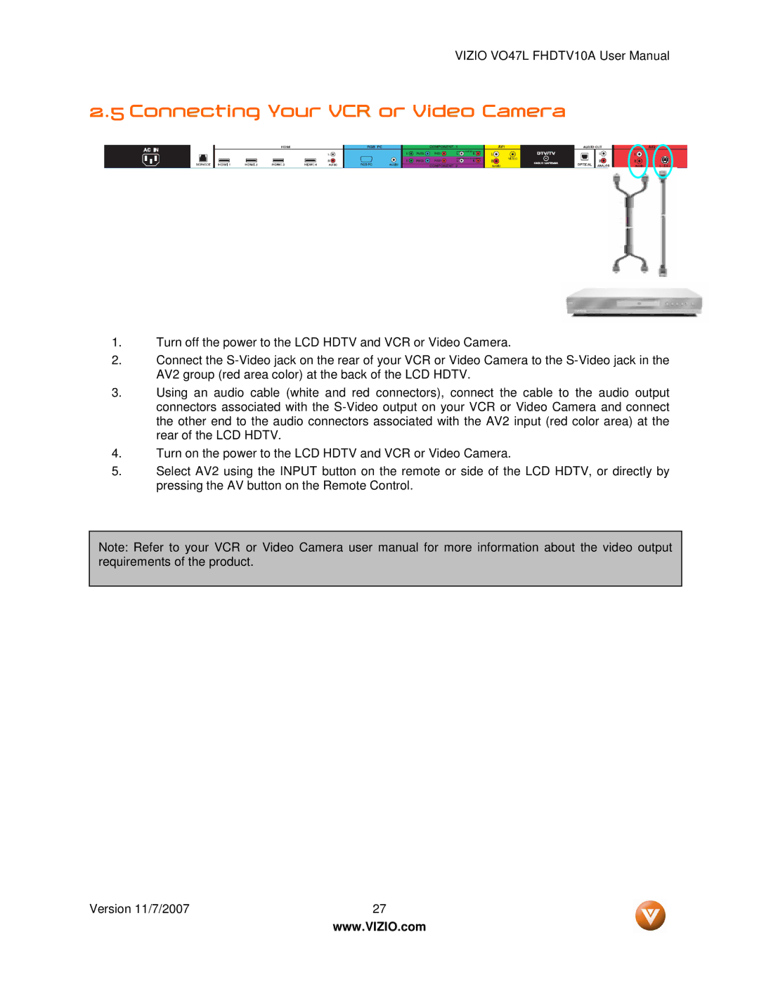 Vizio VO47L FHDTV10A manual Connecting Your VCR or Video Camera 