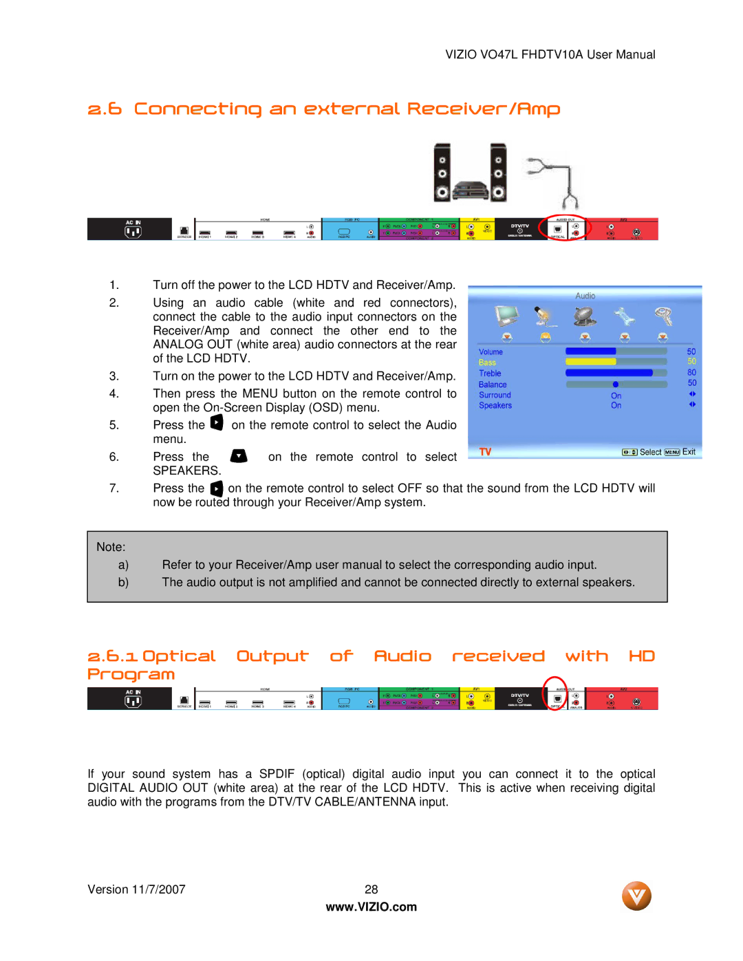 Vizio VO47L FHDTV10A manual Connecting an external Receiver/Amp, Optical Output of Audio received with HD Program 