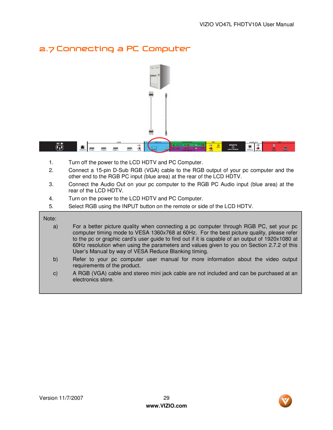 Vizio VO47L FHDTV10A manual Connecting a PC Computer 