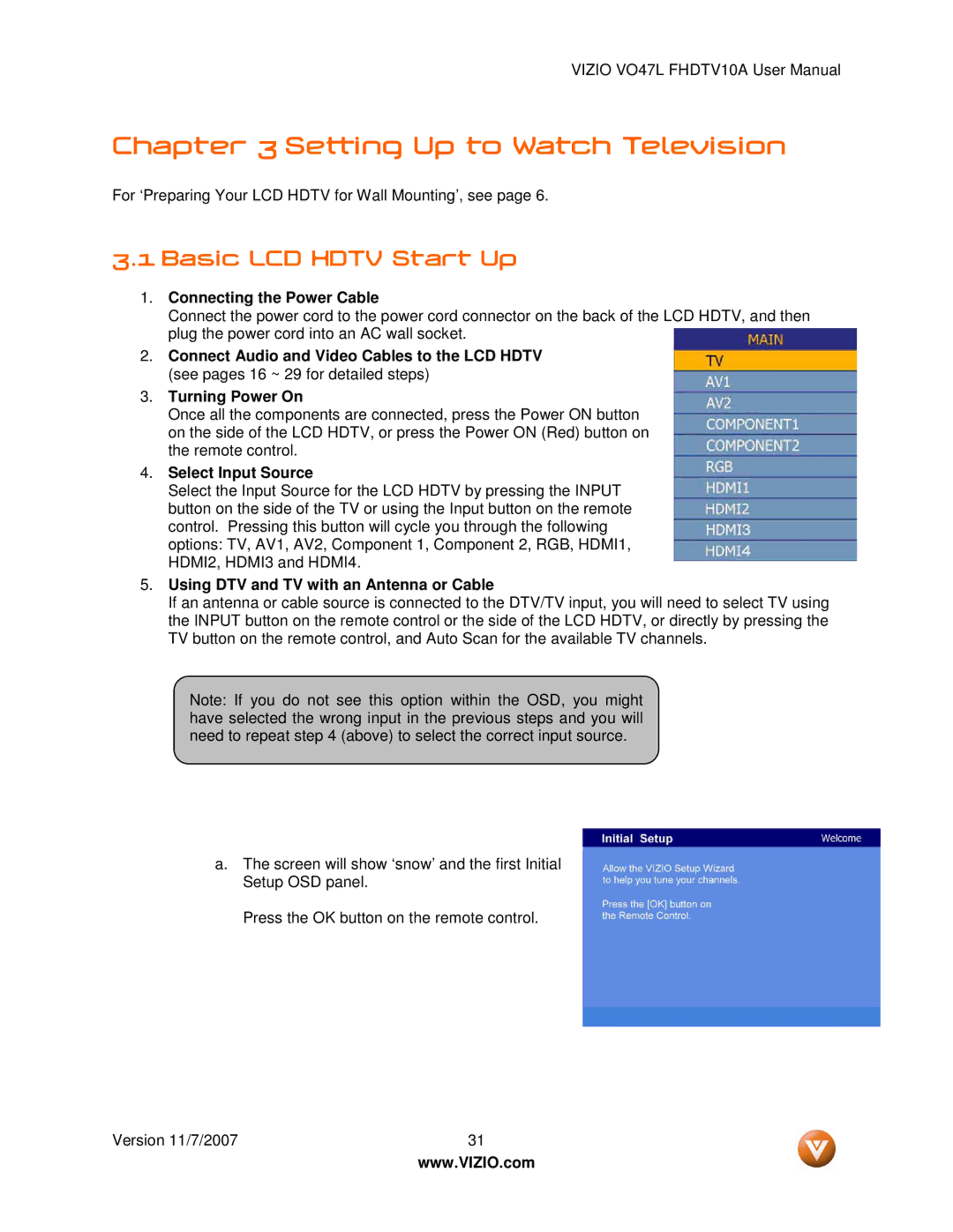 Vizio VO47L FHDTV10A manual Basic LCD Hdtv Start Up, Connecting the Power Cable, Select Input Source 