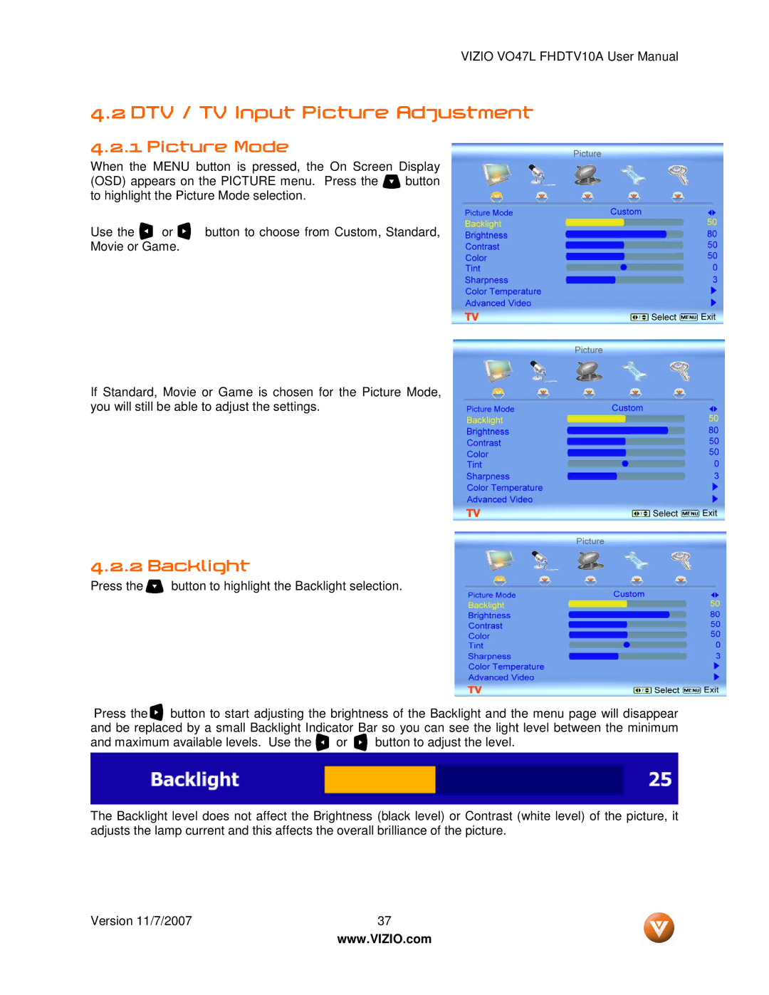 Vizio VO47L FHDTV10A manual DTV / TV Input Picture Adjustment, Picture Mode, Backlight 