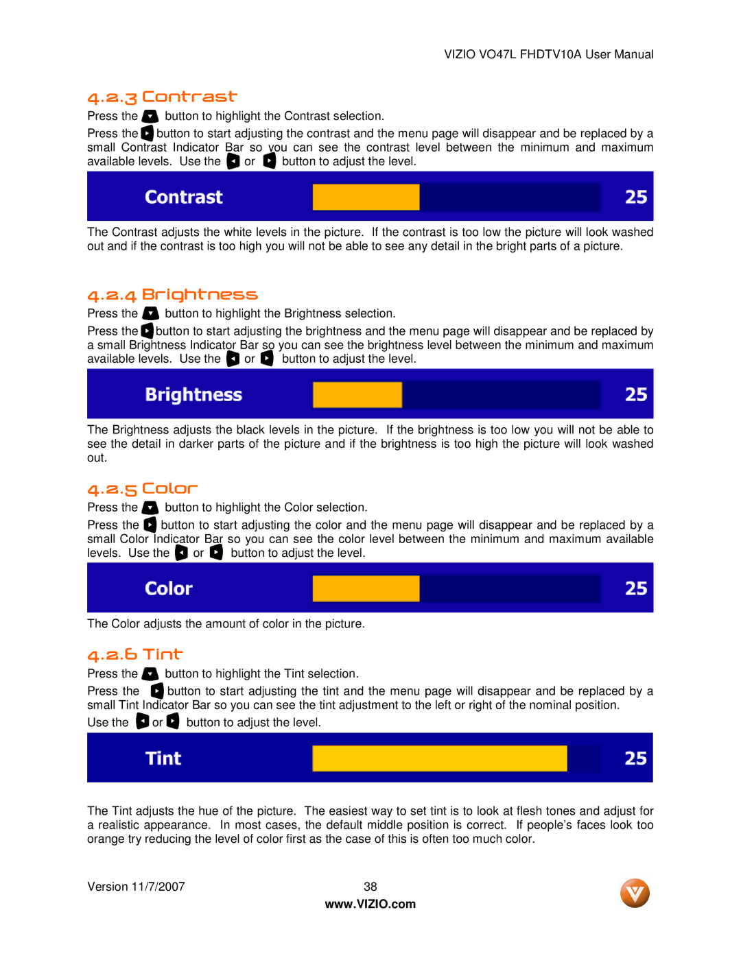 Vizio VO47L FHDTV10A manual Contrast, Brightness, Color, Tint 