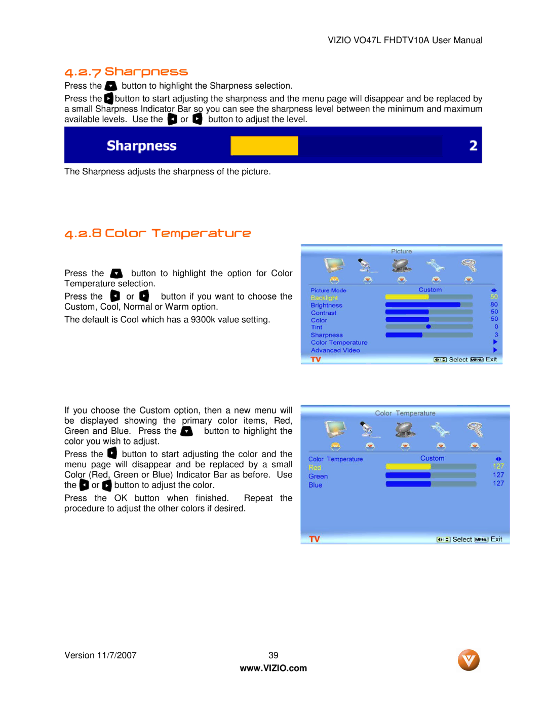 Vizio VO47L FHDTV10A manual Sharpness, Color Temperature 