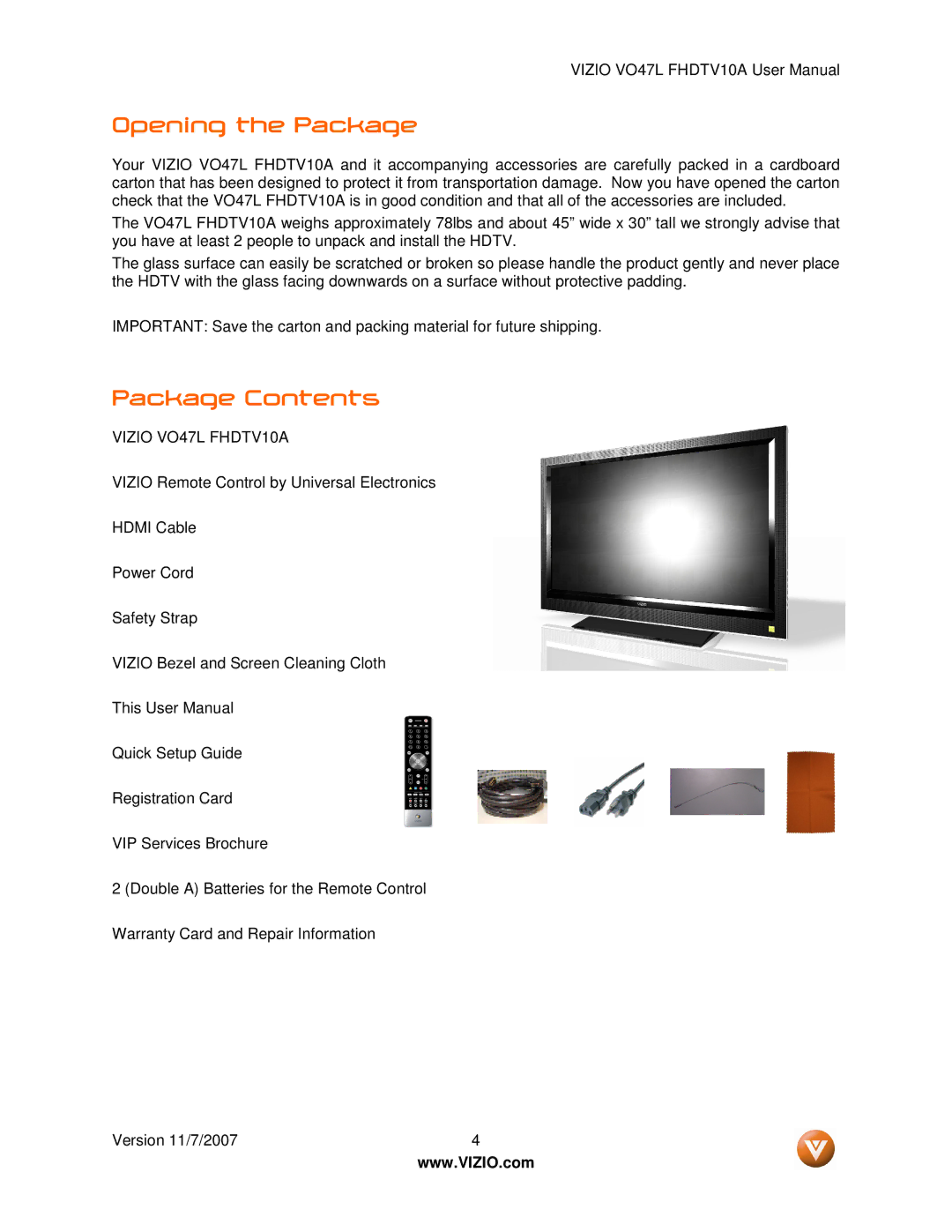 Vizio VO47L FHDTV10A manual Opening the Package, Package Contents 