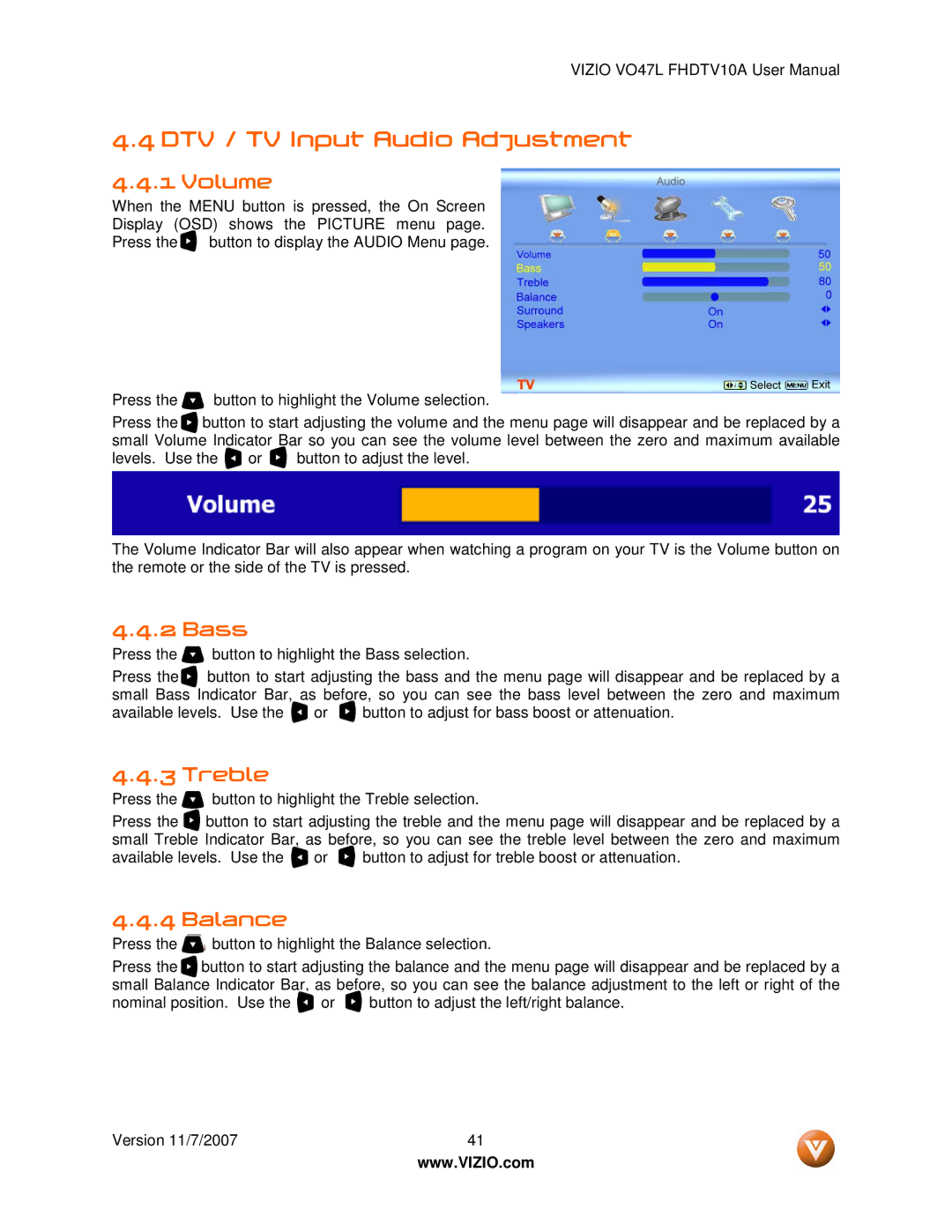 Vizio VO47L FHDTV10A manual DTV / TV Input Audio Adjustment, Volume, Bass, Treble, Balance 