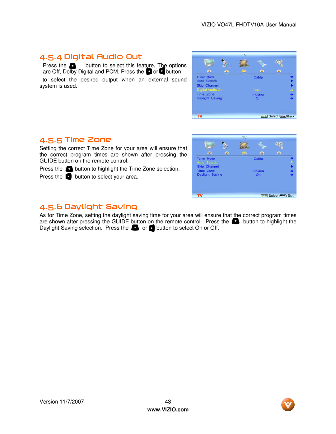 Vizio VO47L FHDTV10A manual Digital Audio Out, Time Zone, Daylight Saving 