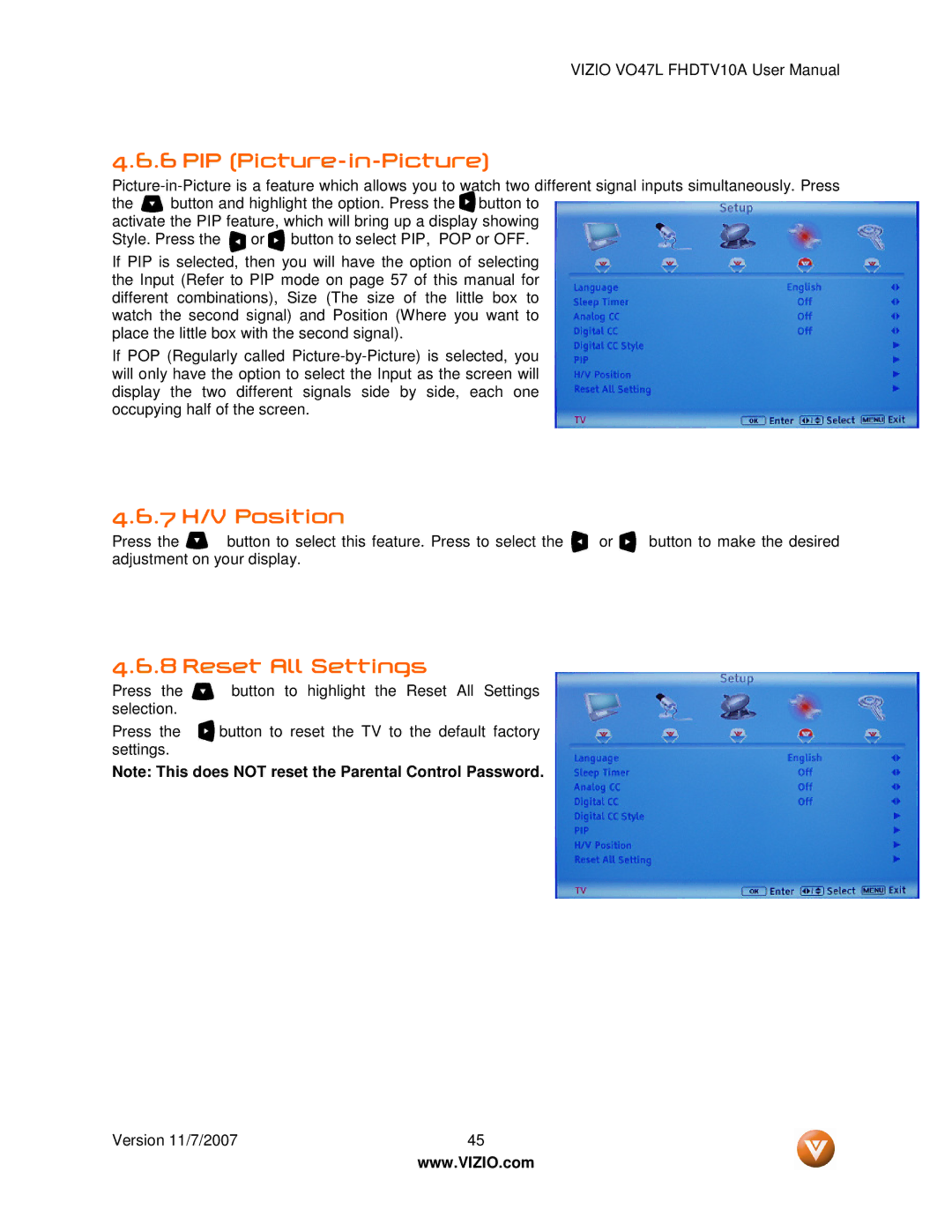 Vizio VO47L FHDTV10A manual PIP Picture-in-Picture, 7 H/V Position, Reset All Settings 