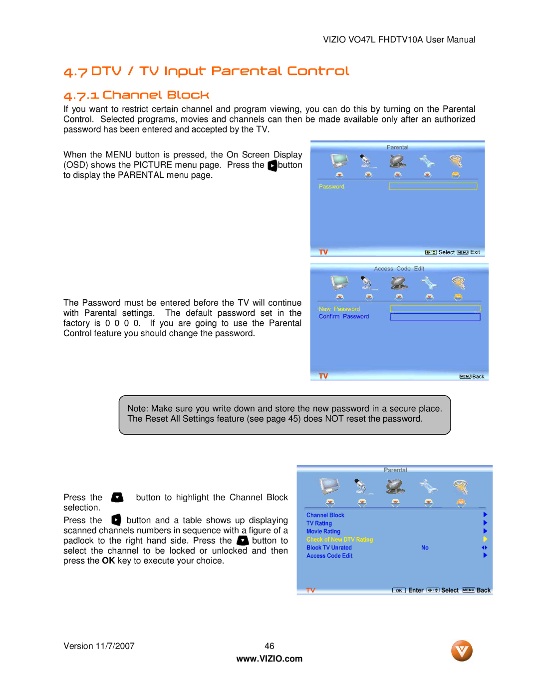 Vizio VO47L FHDTV10A manual DTV / TV Input Parental Control, Channel Block 