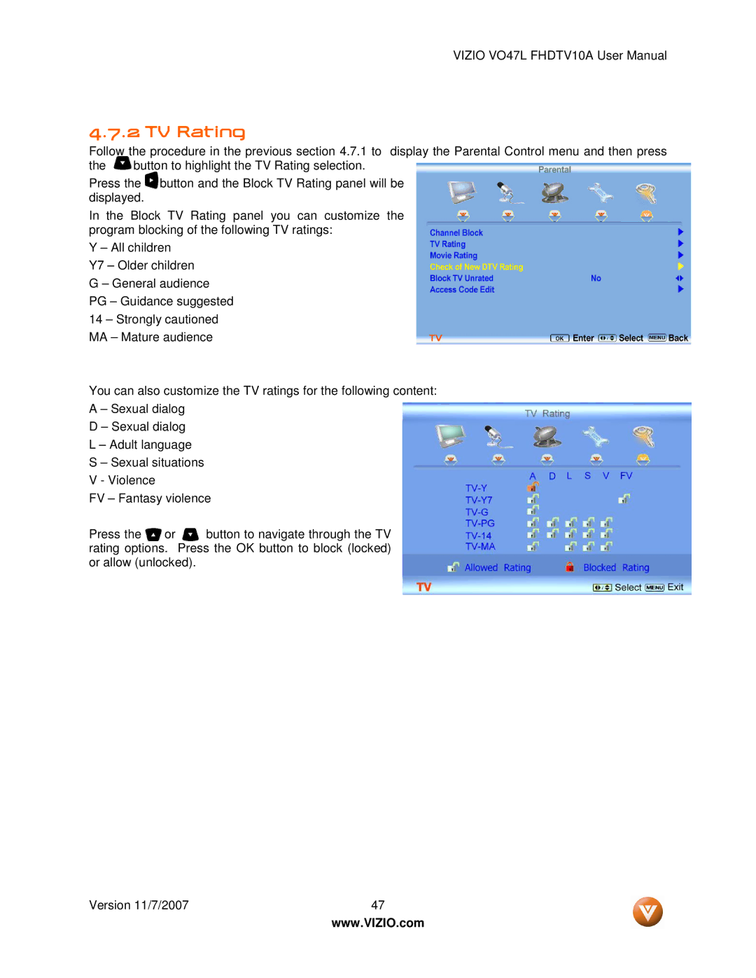 Vizio VO47L FHDTV10A manual TV Rating 