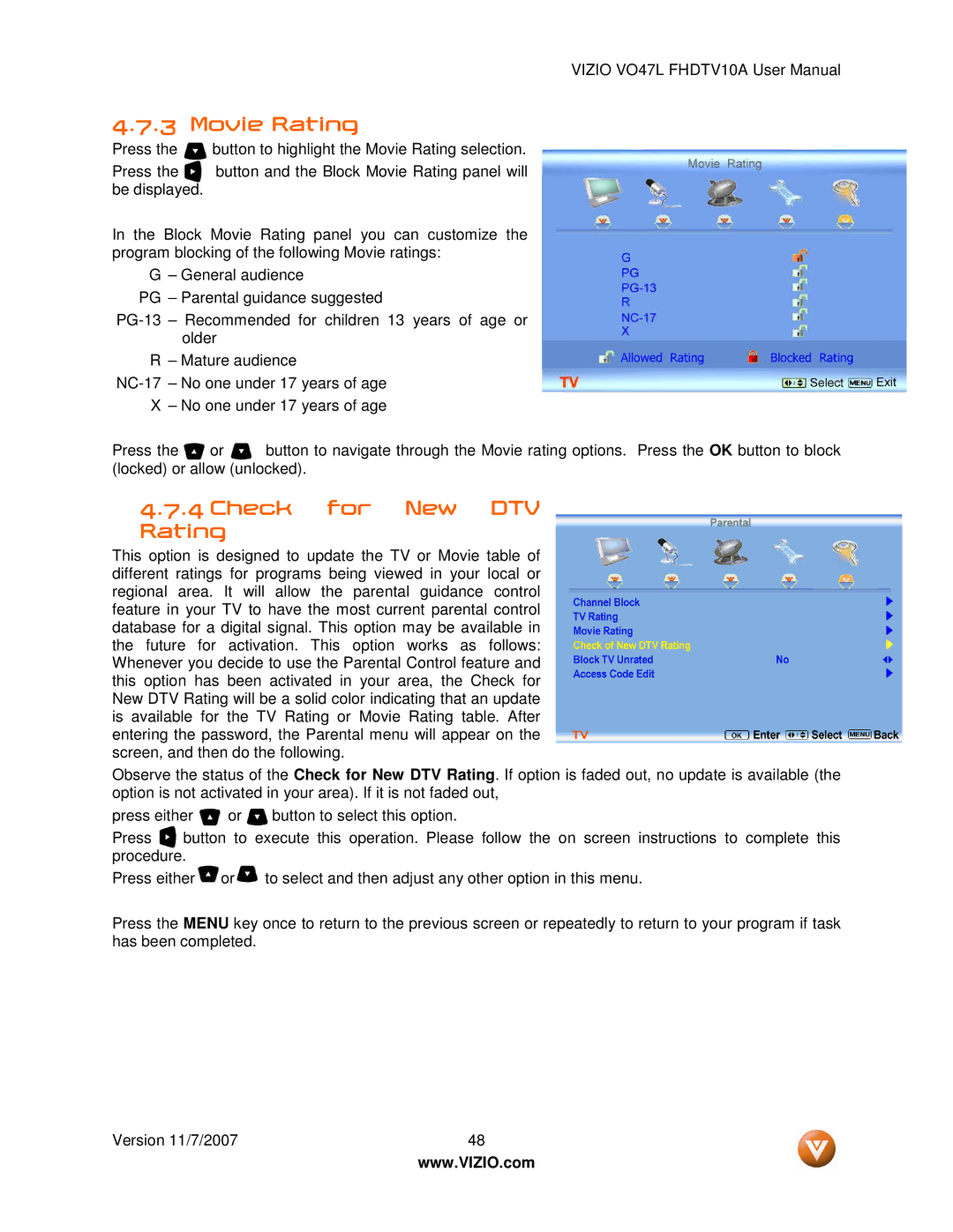 Vizio VO47L FHDTV10A manual Movie Rating, Check for New DTV Rating 