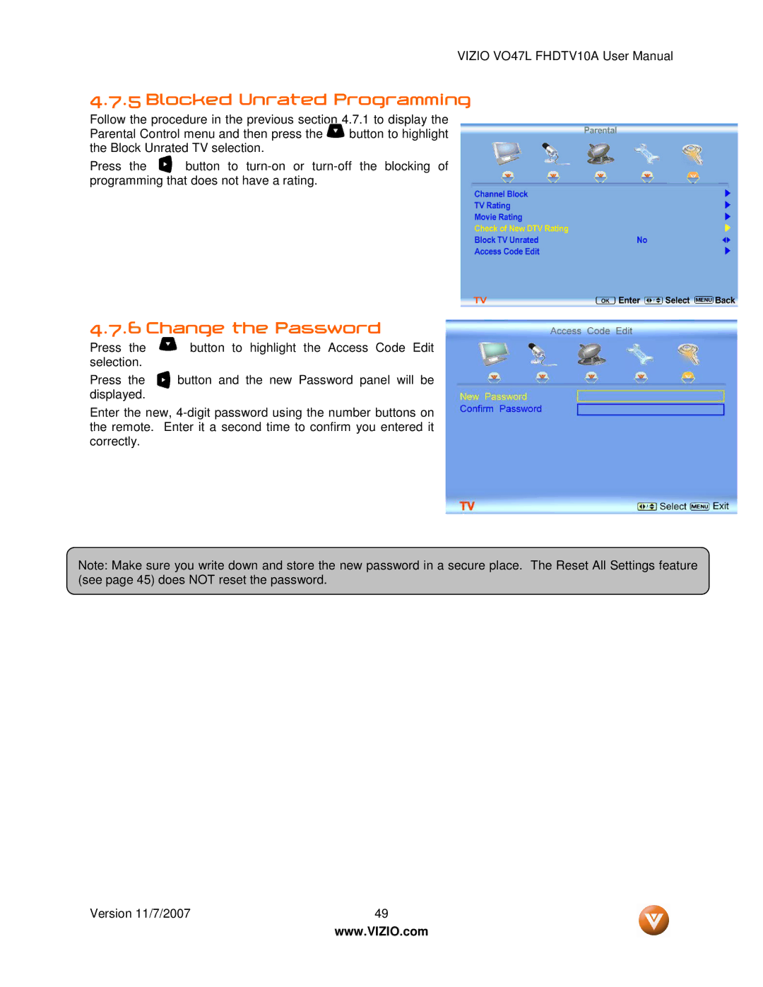 Vizio VO47L FHDTV10A manual Blocked Unrated Programming, Change the Password 