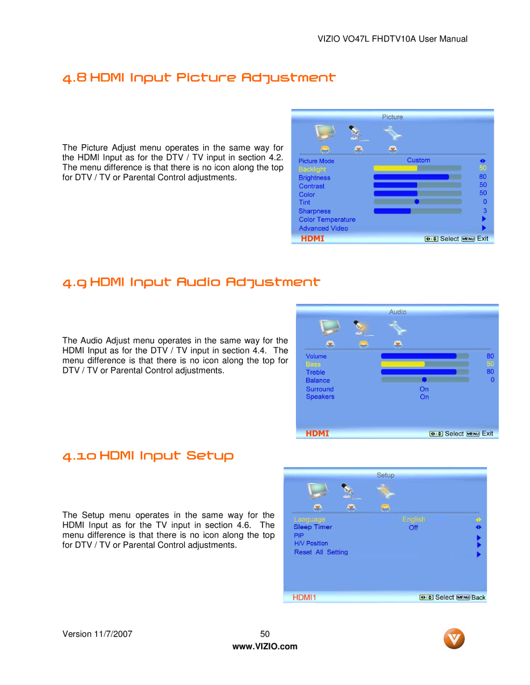 Vizio VO47L FHDTV10A manual Hdmi Input Picture Adjustment, Hdmi Input Audio Adjustment, Hdmi Input Setup 