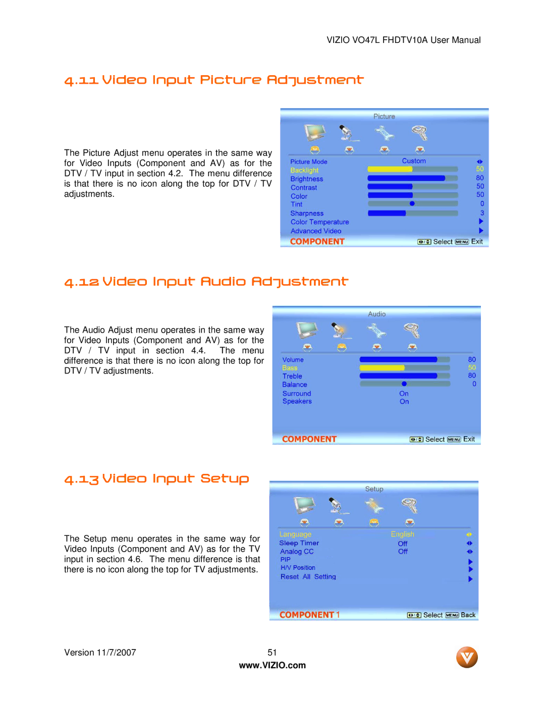 Vizio VO47L FHDTV10A manual Video Input Picture Adjustment, Video Input Audio Adjustment, Video Input Setup 