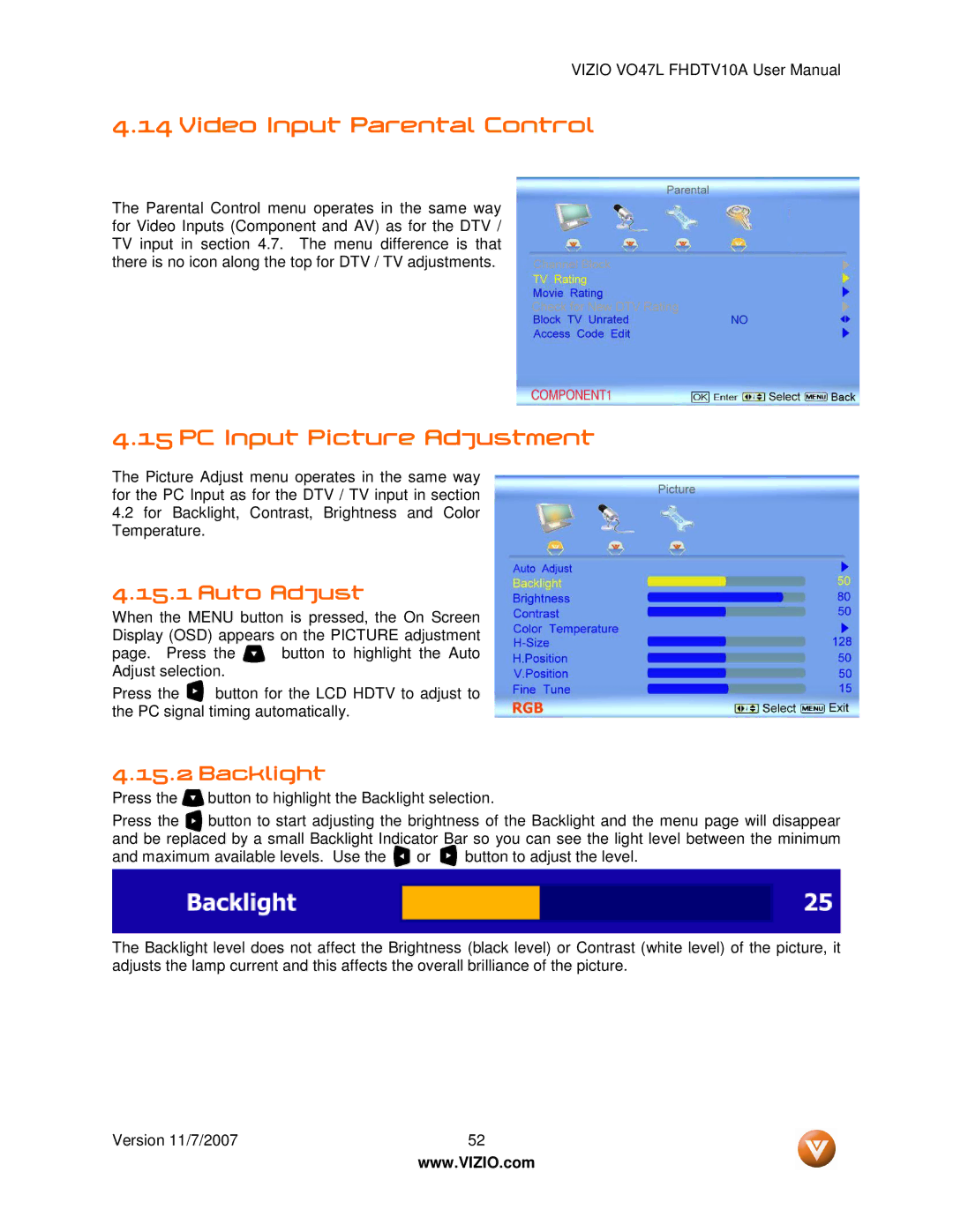 Vizio VO47L FHDTV10A manual Video Input Parental Control, PC Input Picture Adjustment, Auto Adjust 