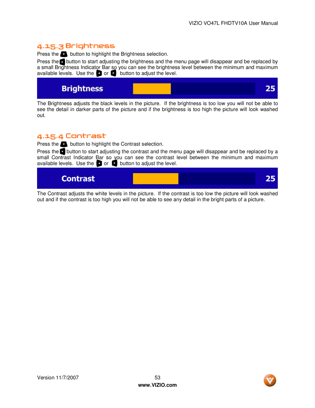 Vizio VO47L FHDTV10A manual Brightness 