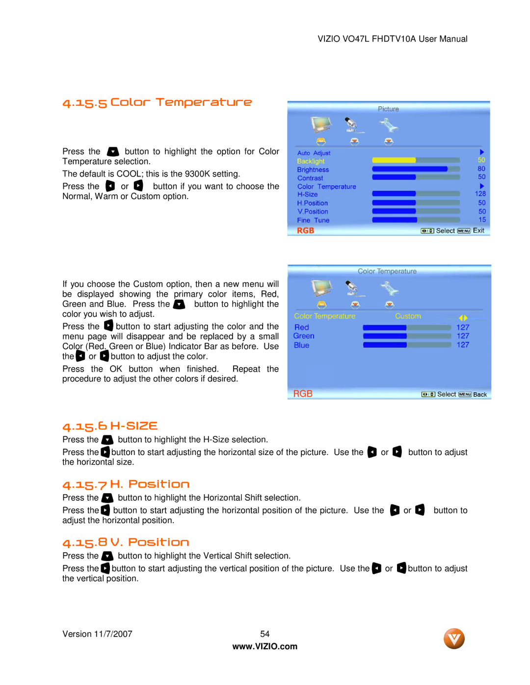 Vizio VO47L FHDTV10A manual Size, 15.7 H. Position, 15.8 V. Position 