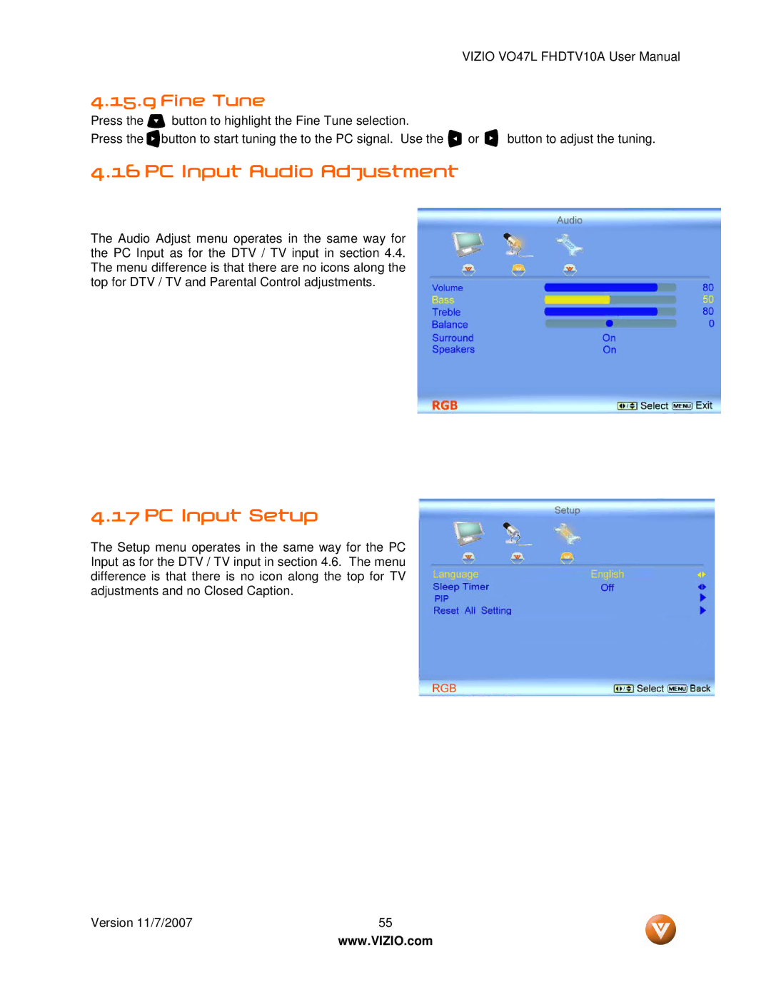 Vizio VO47L FHDTV10A manual PC Input Audio Adjustment, PC Input Setup, Fine Tune 