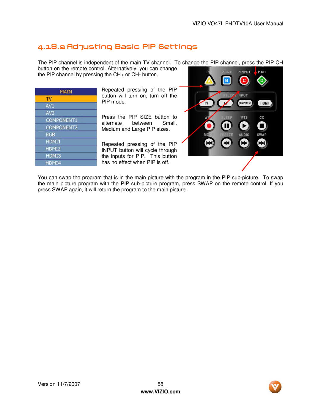 Vizio VO47L FHDTV10A manual Adjusting Basic PIP Settings 