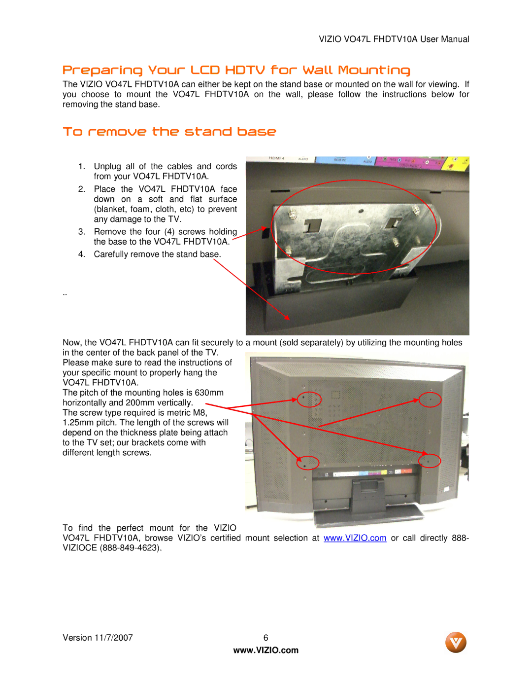 Vizio VO47L FHDTV10A manual Preparing Your LCD Hdtv for Wall Mounting, To remove the stand base 